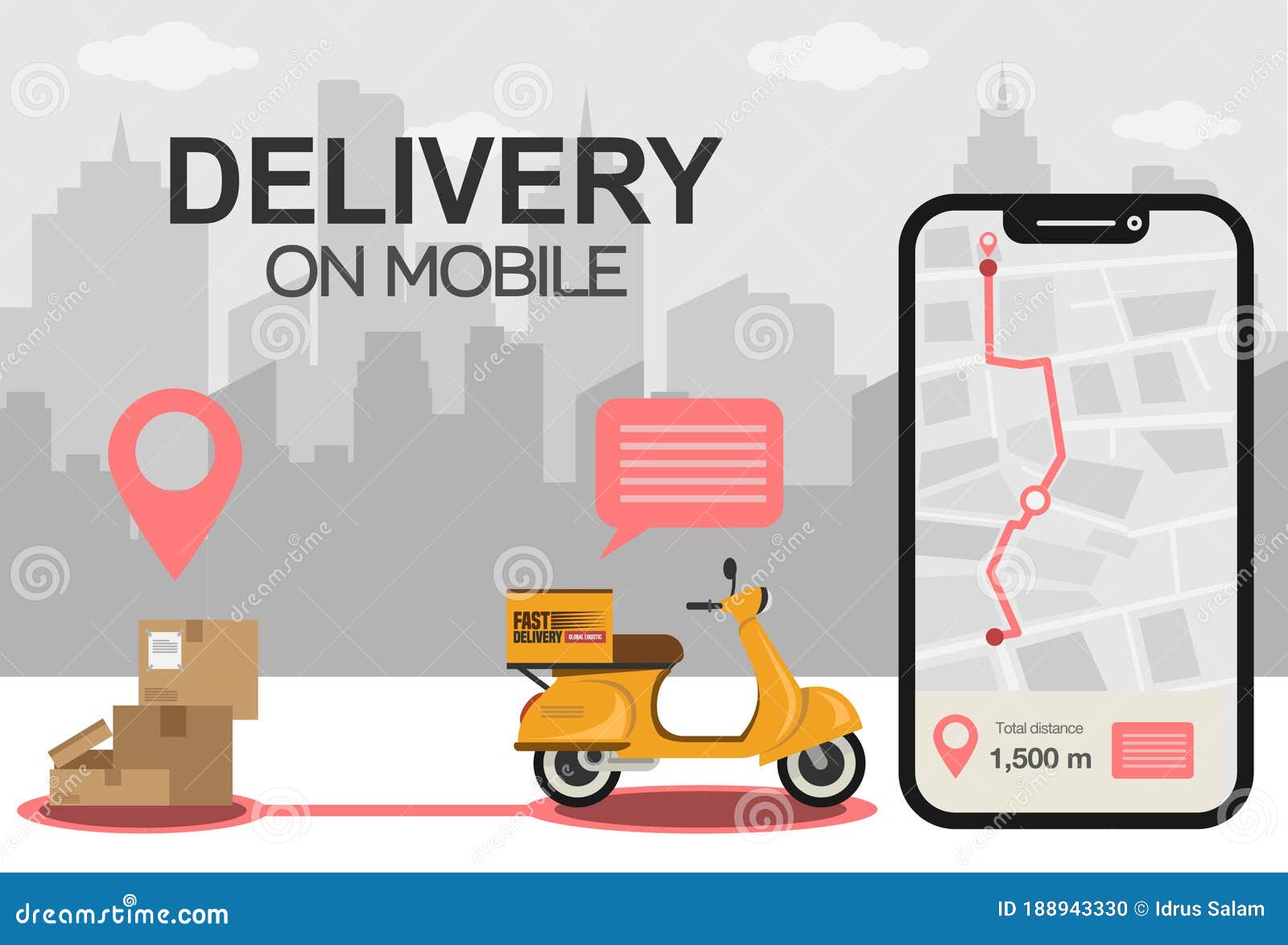 Fast Delivery By Scooter On Mobile. Online Delivery Service Concept.  Perfect For Landing Page, Delivery Website, Banner, Illustration 188943330  - Megapixl