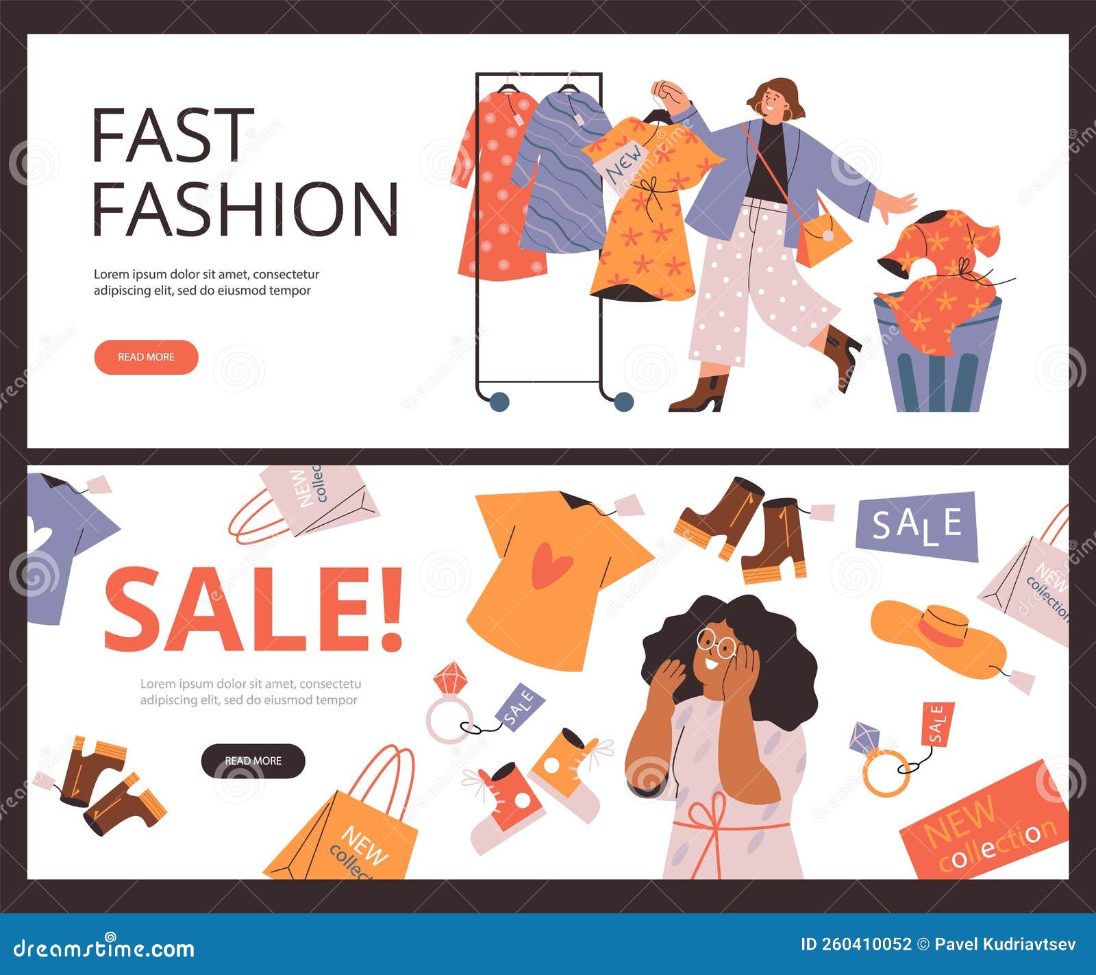 Fast Fashion and Sales Web Banners Set, Flat Vector Illustration. Stock ...