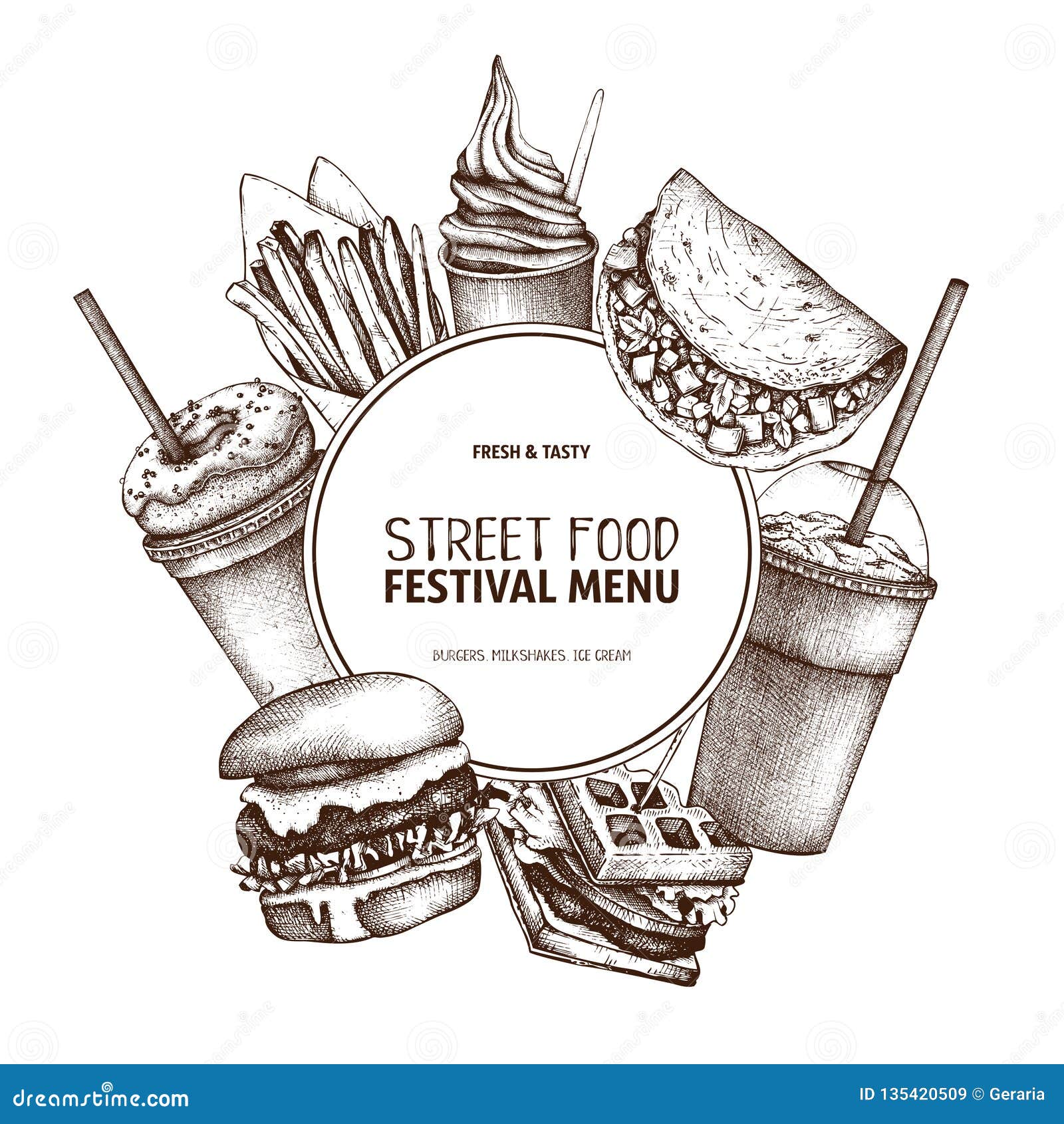 Fast Food Art. Engraved Style Design with Vector Drawing for Logo, Icon
