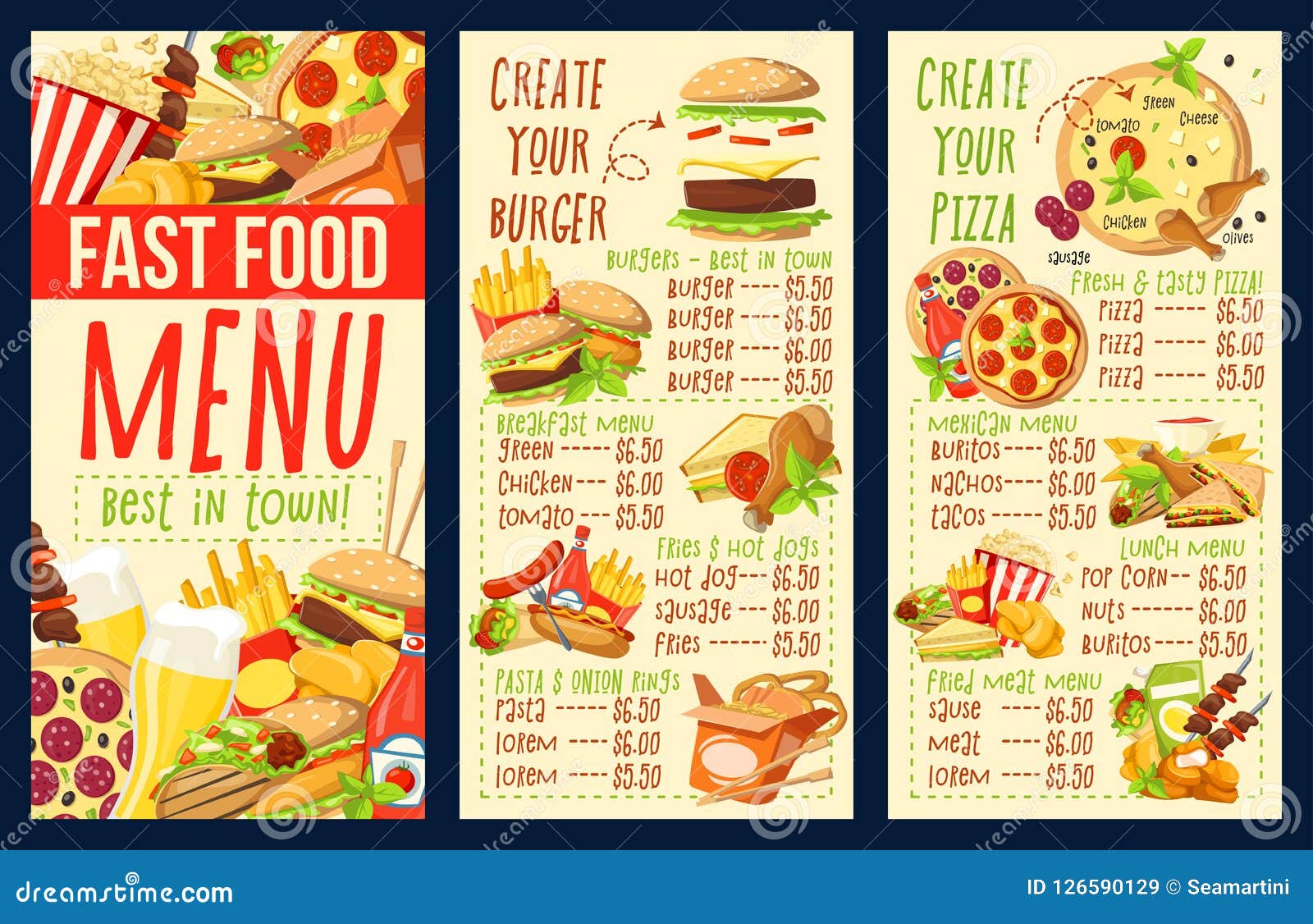 Fast Food Combo Meals, Burgers and Pizza Menu Stock Vector - Illustration  of cheeseburger, price: 126590129