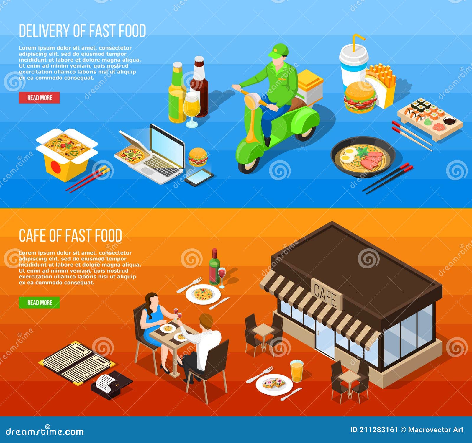 Fast Food Delivery Isometric Horizontal Banners Stock Vector ...