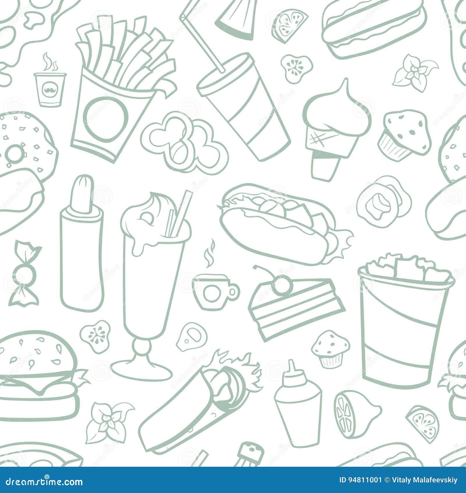 Fast Food Drawings Seamless Pattern. Line Arts with White Background