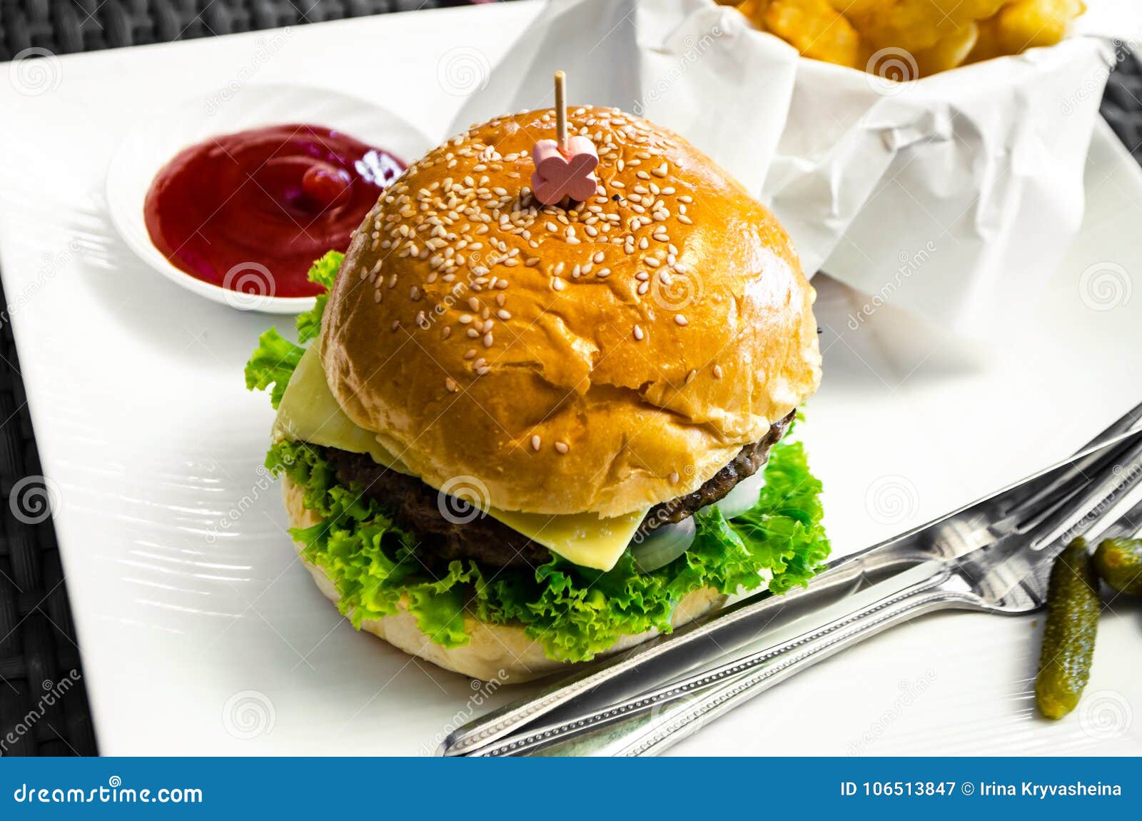 Fast Food Hamburger French Fries And Ketchup Stock Image Image Of