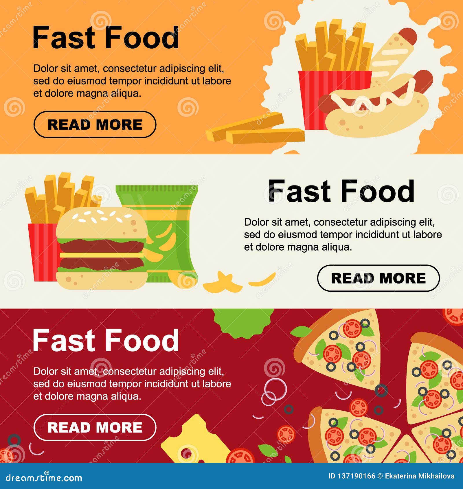 fast food horizontal banner for luncheonette menu . unhealthy street food flyer, hamburger pizza sausage dough