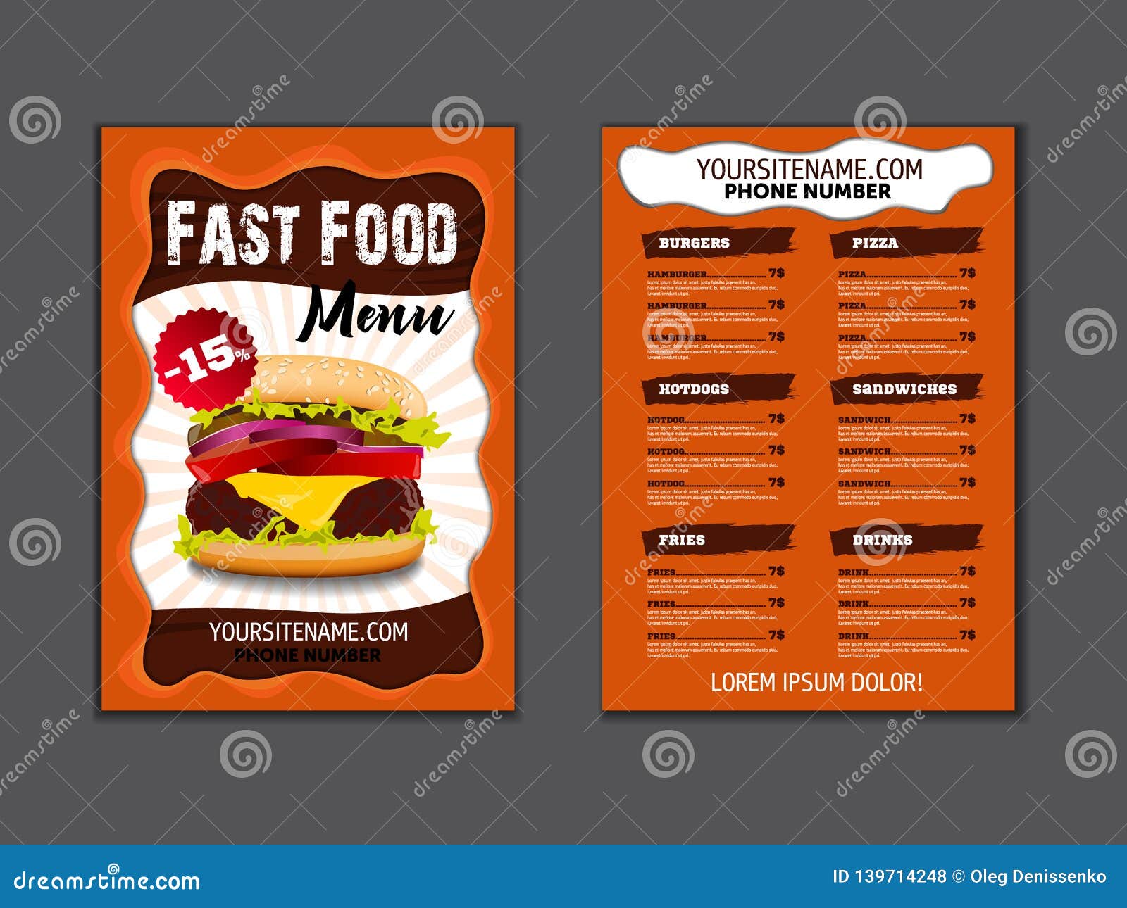 Fast Food Menu Brochure Design on a Light Background Vector Template in A4 Size. Flyer, Baner