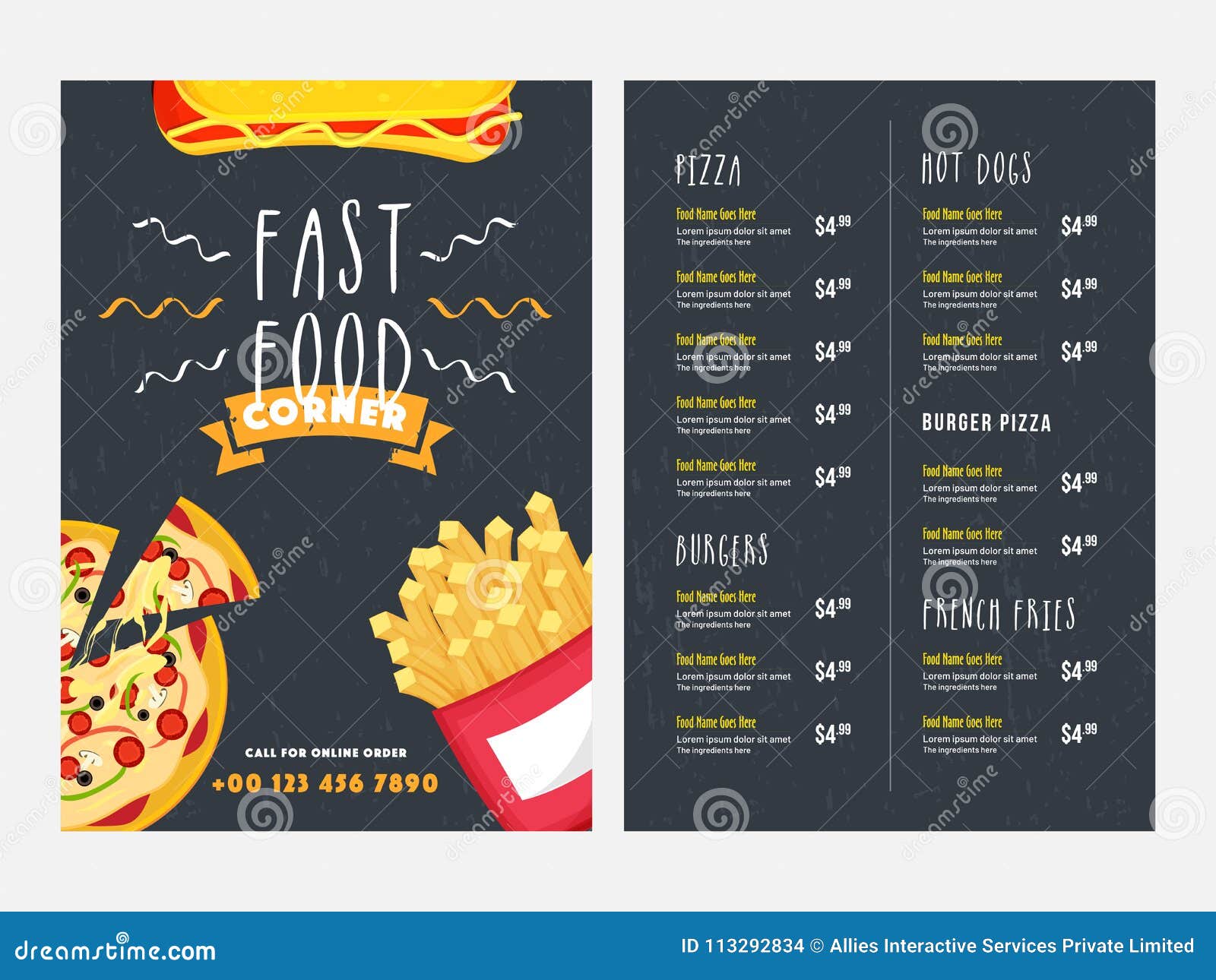 Fast Food Menu Card Design with Front and Back Page View. Stock  Illustration - Illustration of company, branding: 113292834