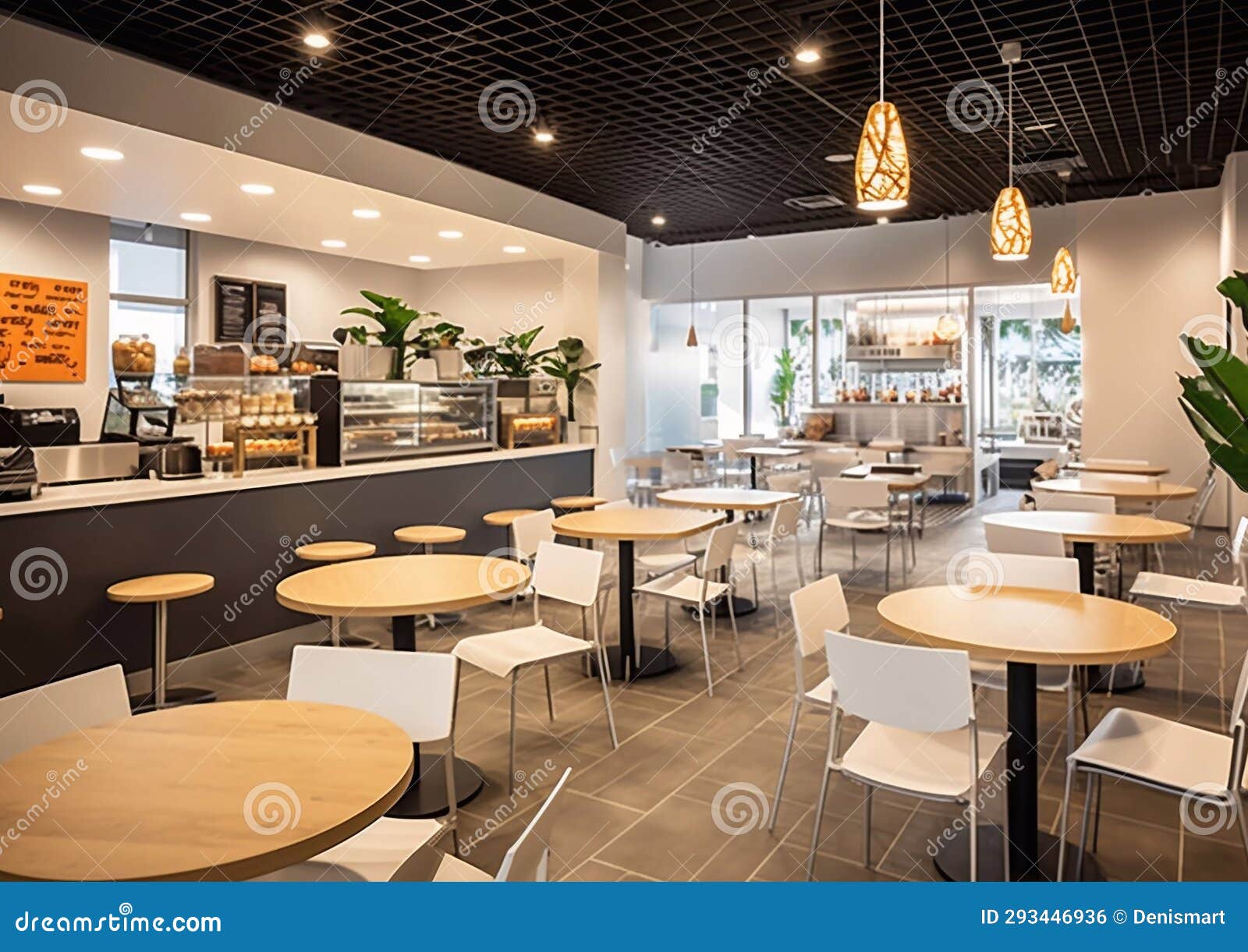 Fast Food and Snack Cafeteria Cafe with Modern Interior Style.Empty.AI