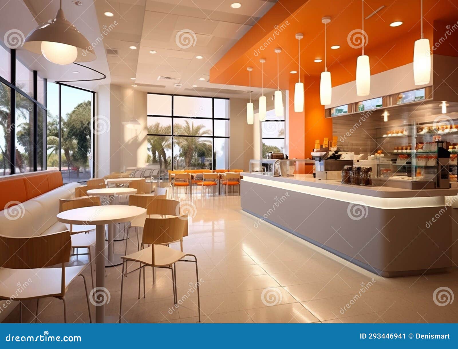 Fast Food and Snack Cafeteria Cafe with Modern Interior Style.Empty.AI