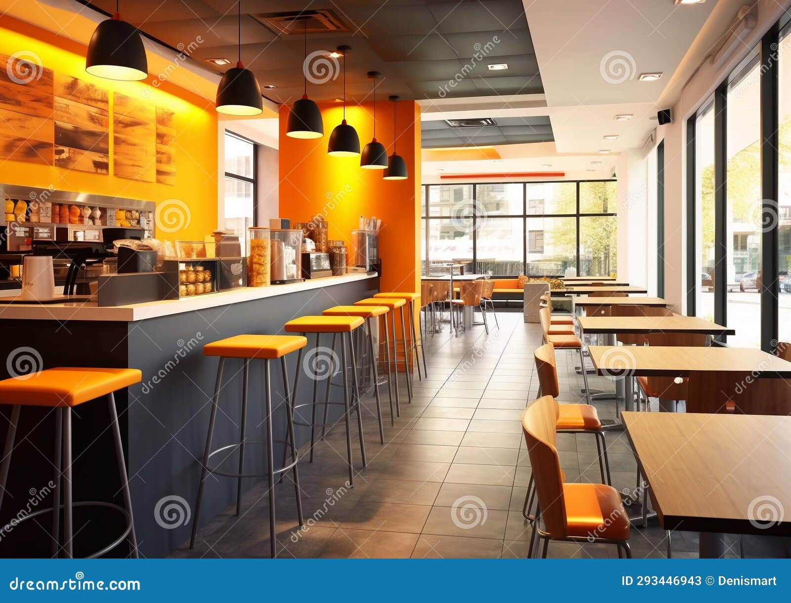 Fast Food and Snack Cafeteria Cafe with Modern Interior Style.Empty.AI