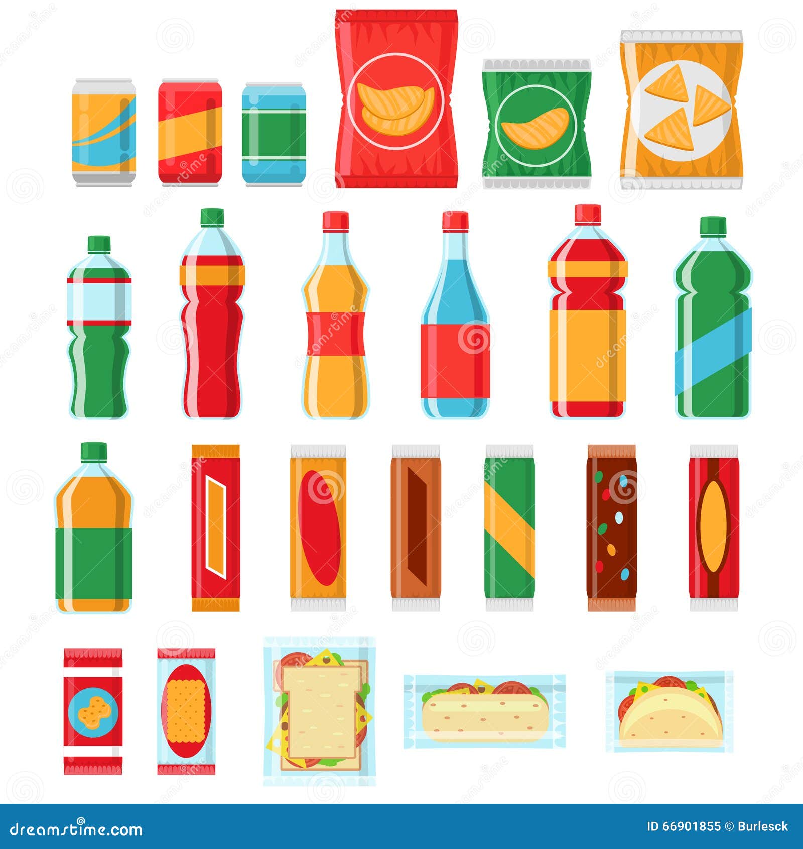 fast food snacks and drinks flat  icons. vending machine products