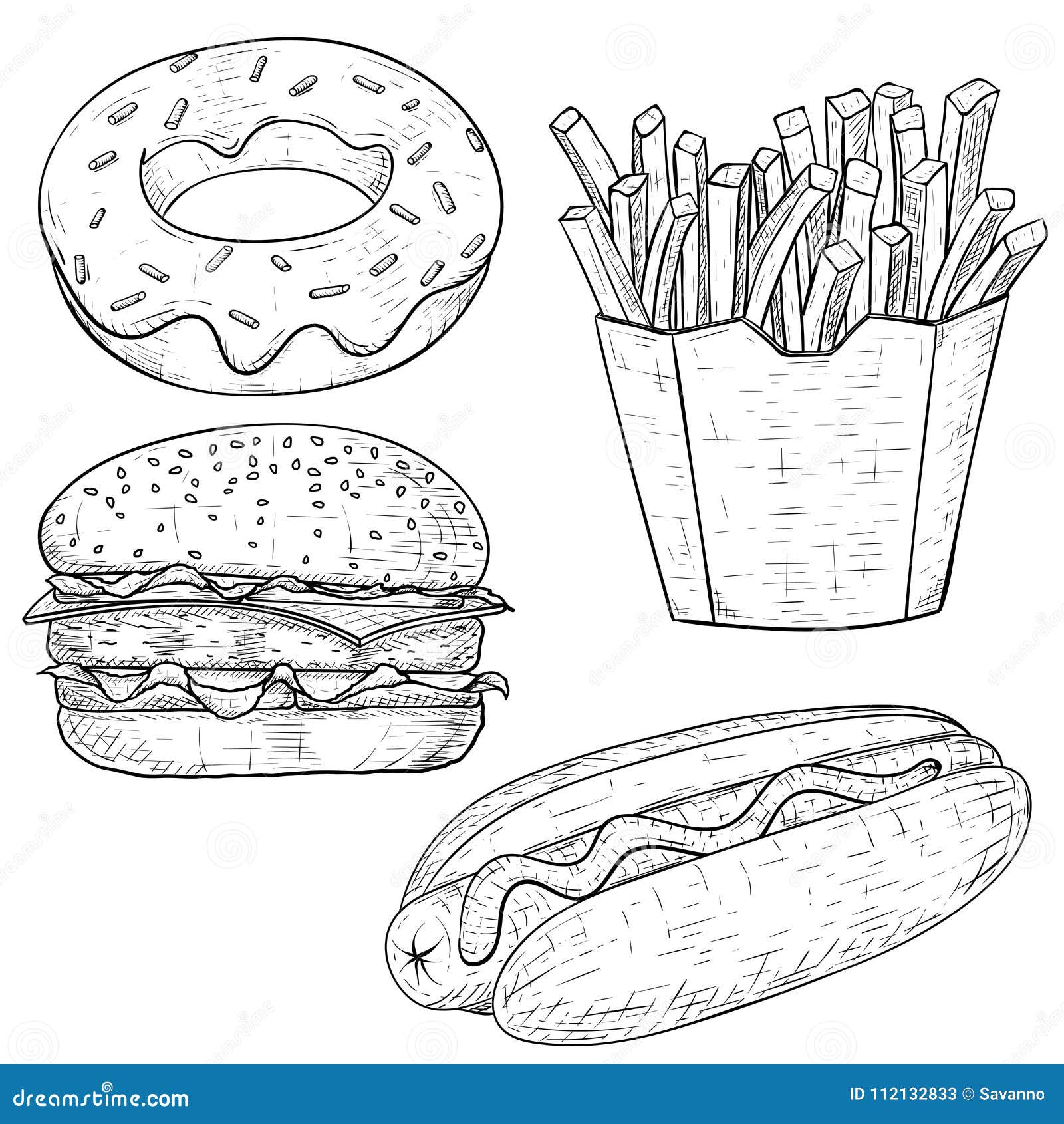 Fast food junk food products set drawing Vector Image