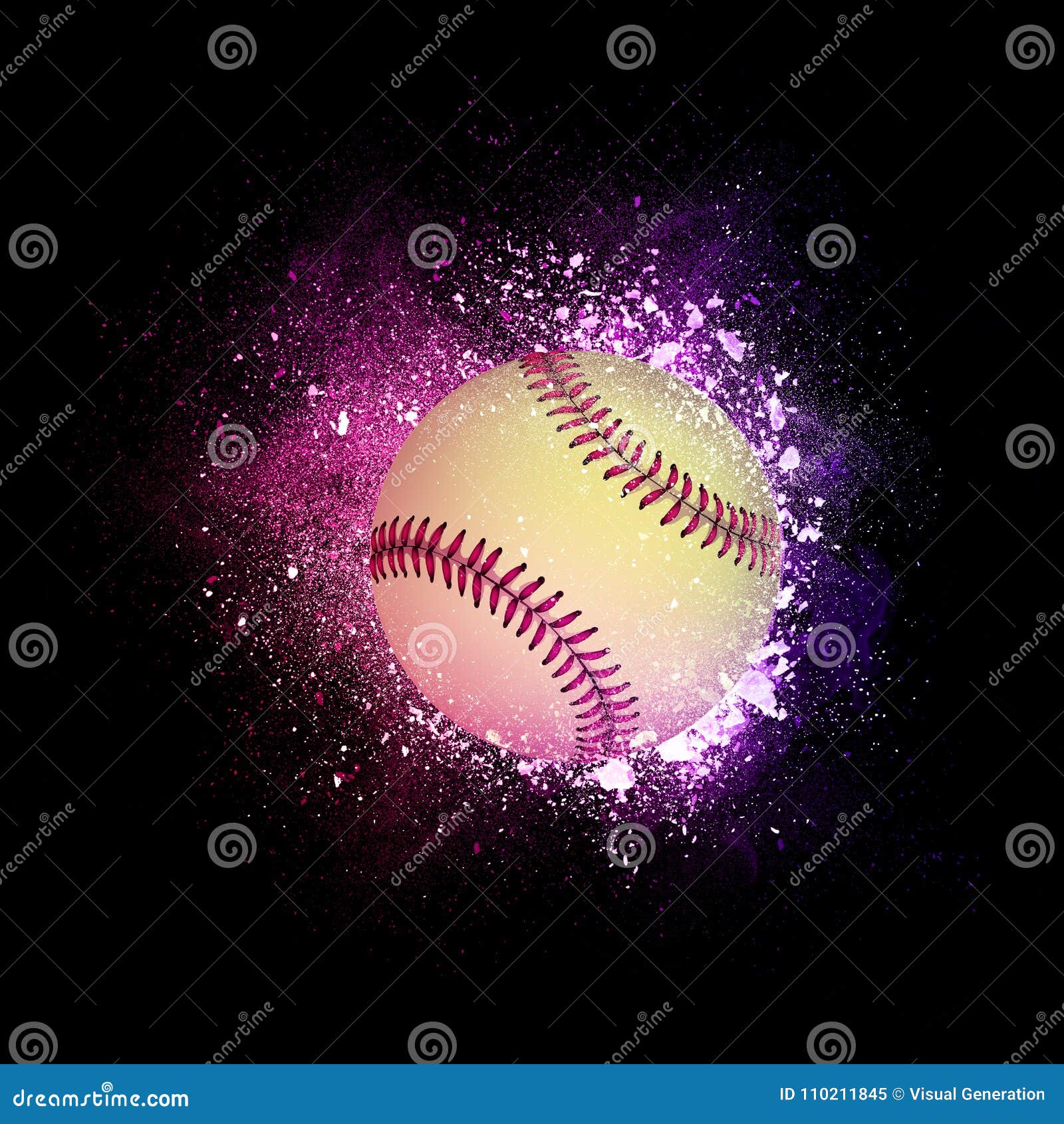 fastball ball flying in violet particles.