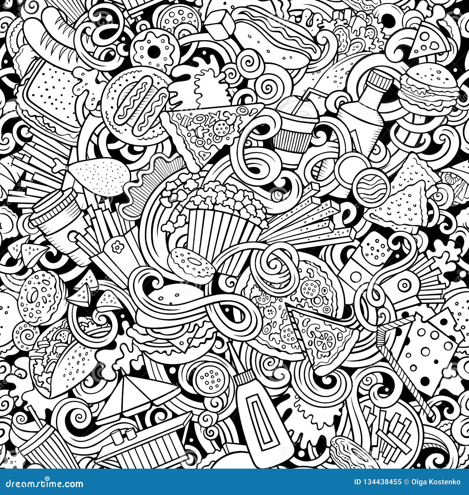Fastfood Hand Drawn Doodles Seamless Pattern. Fast Food Background ...