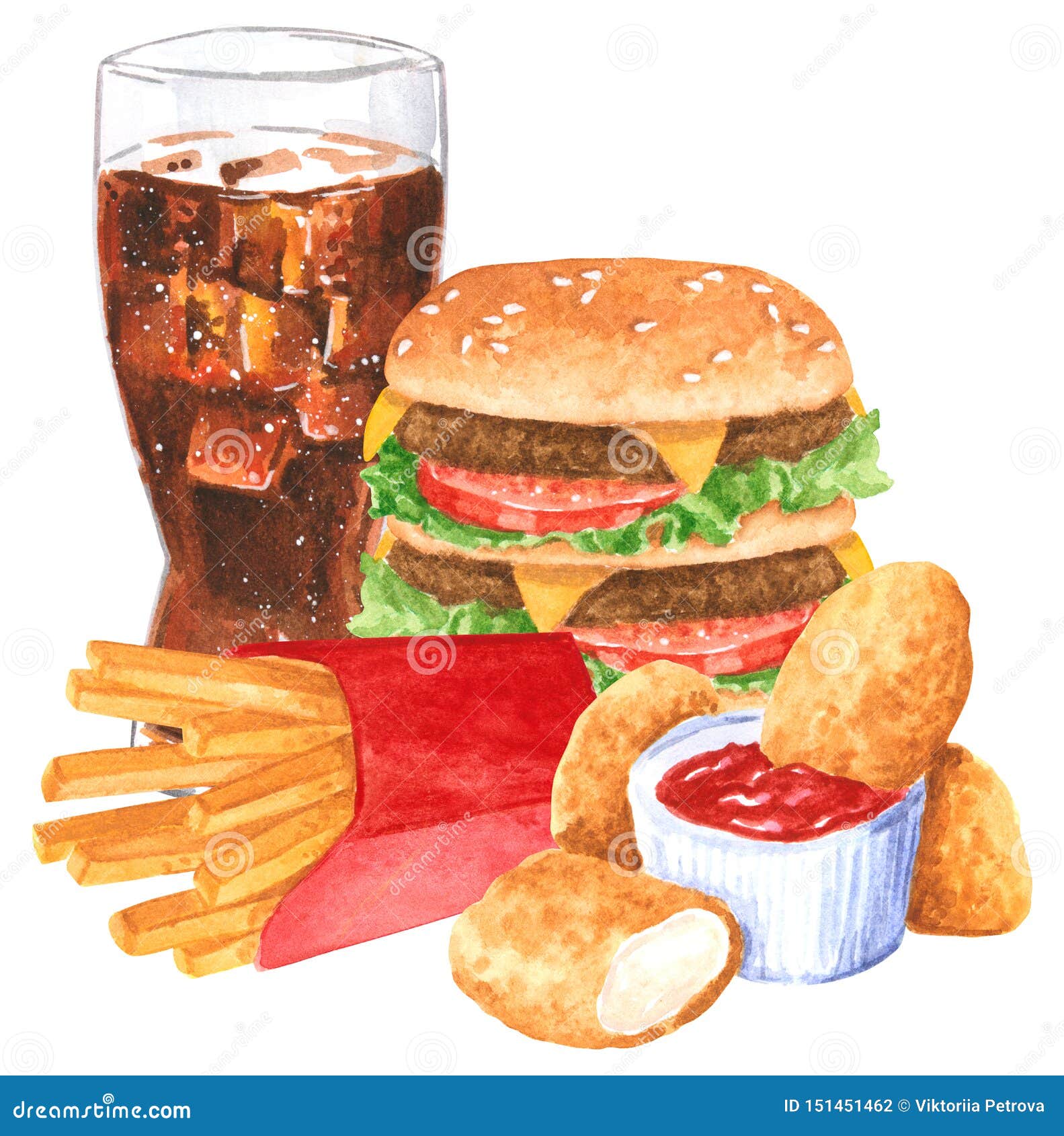 fastfood set, ketchup, hamburger, french fies, cola, chicken nuggets