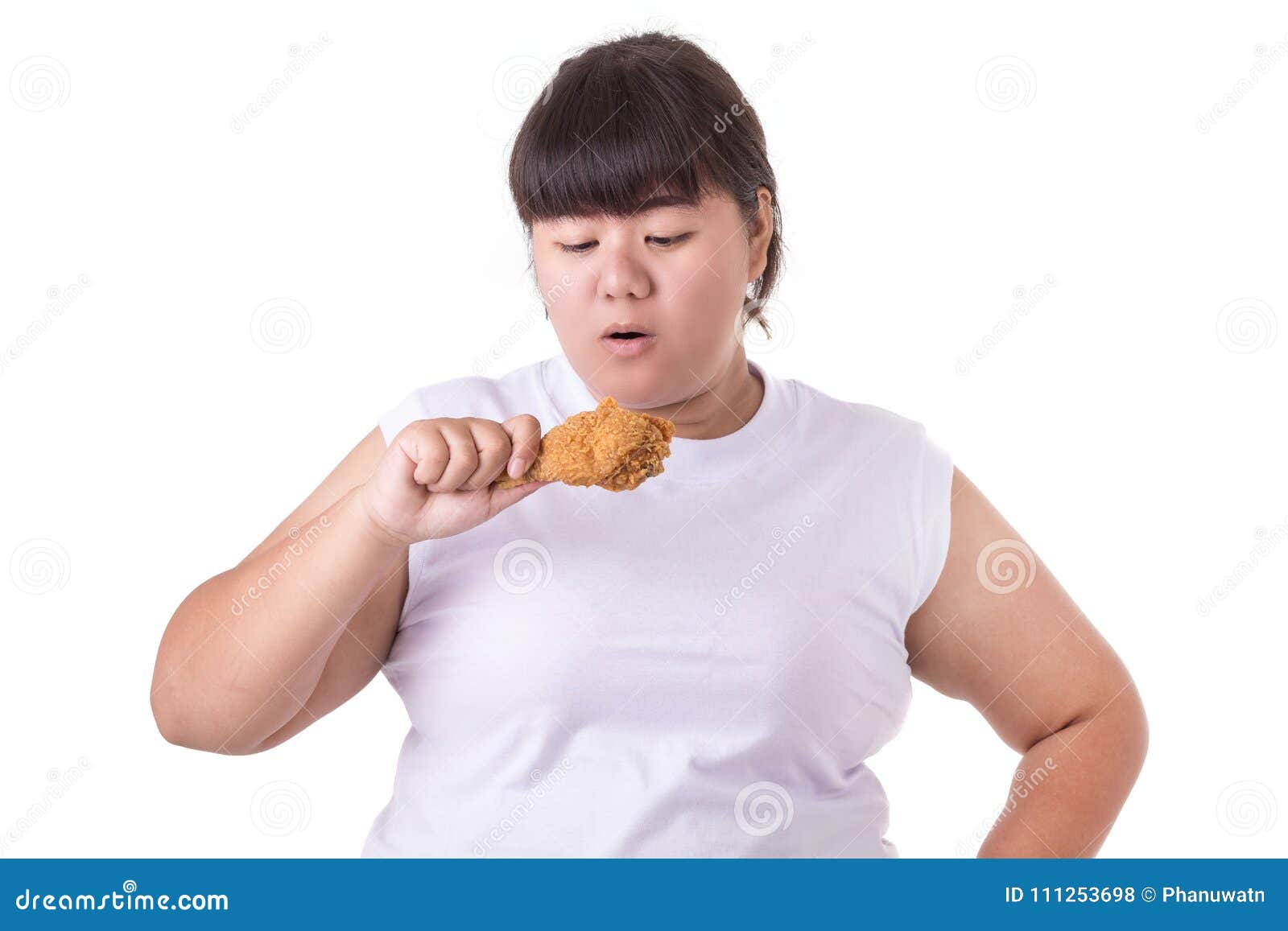 Fat Asian Woman Holding And Eating Fried Chicken Isolated