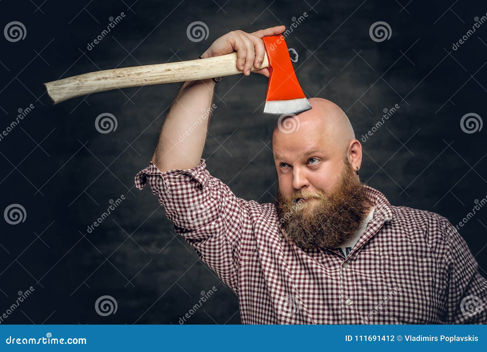 Fat Bald, Bearded Man Holds an Axe. Stock Photo - Image of haircut