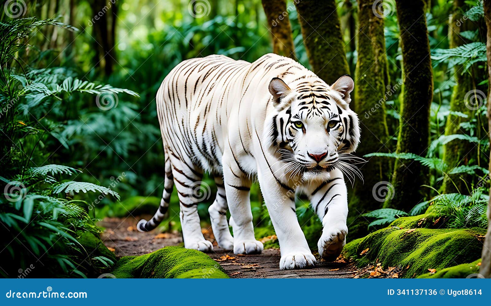 a fat cat walking purposefully towards the camera on a moss-covered stone pathway in a dense tropical forest.