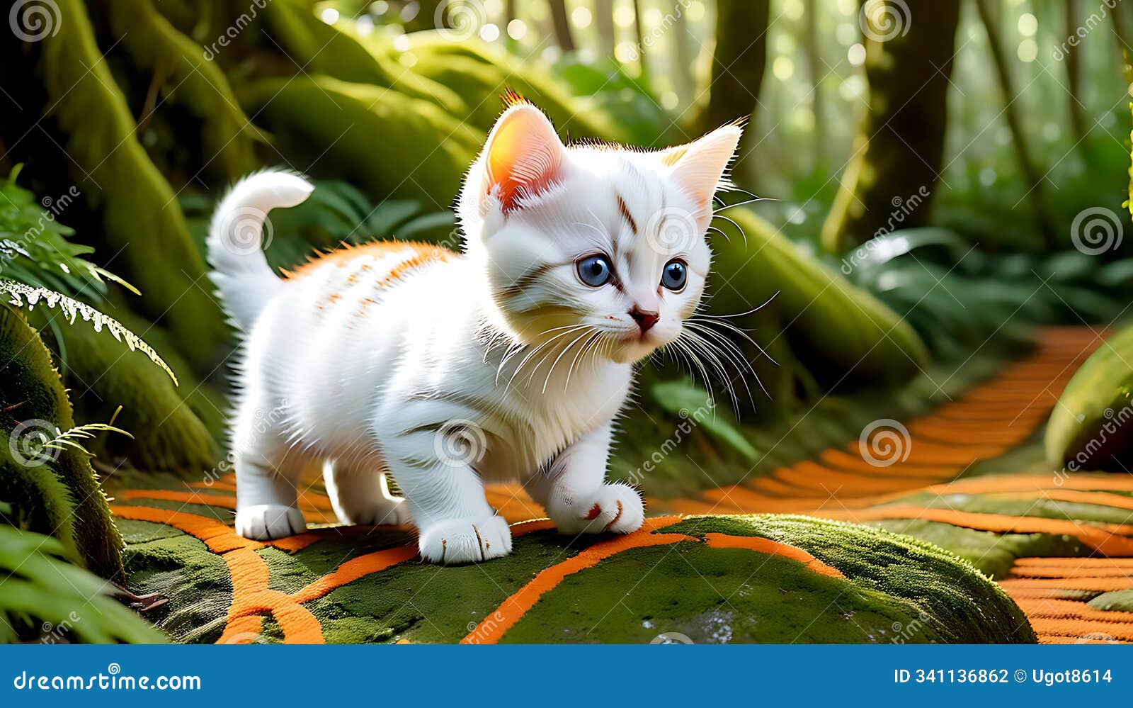 a fat cat walking purposefully towards the camera on a moss-covered stone pathway in a dense tropical forest.