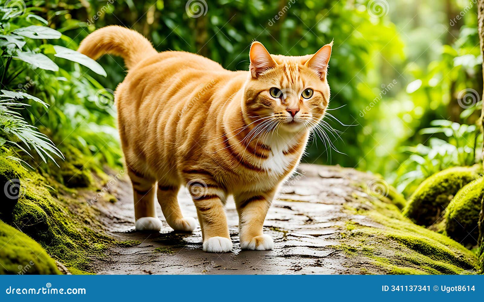 a fat cat walking purposefully towards the camera on a moss-covered stone pathway in a dense tropical forest.