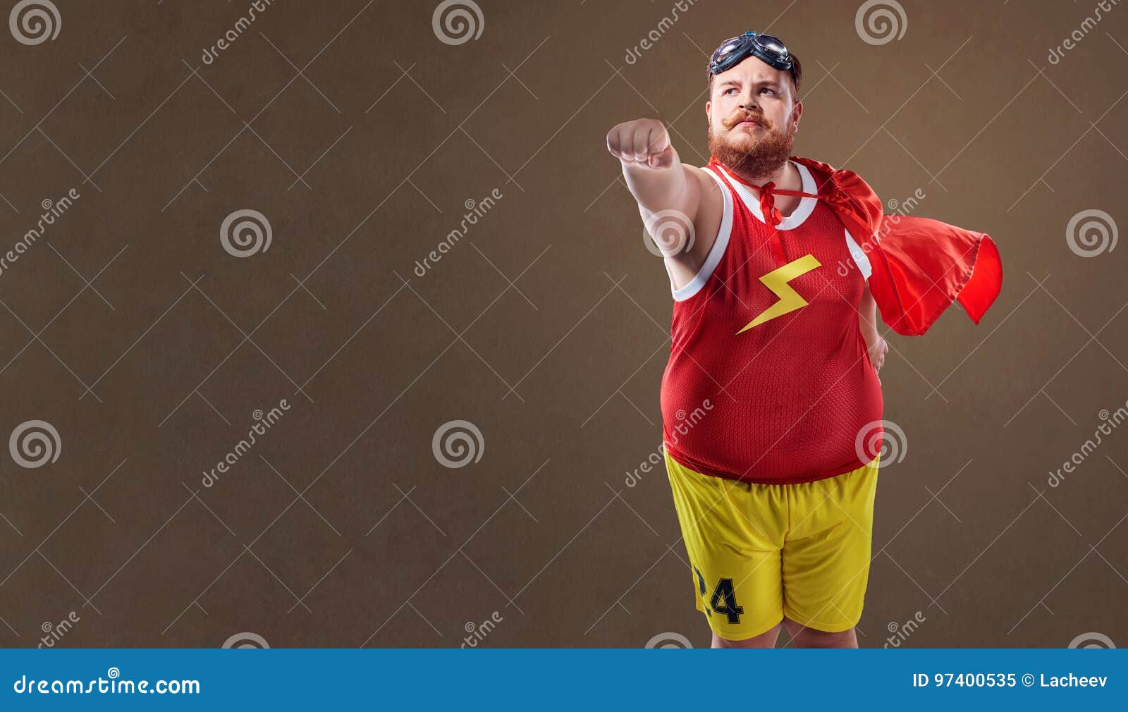 fat funny man in a superhero costume