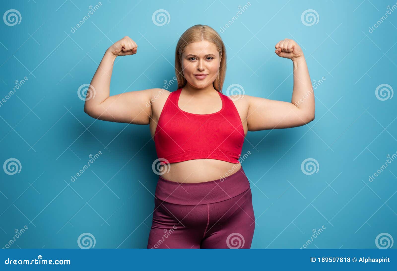 Fat Girl Does Gym at Home. Satisfied Expression. Cyan Background Stock ...