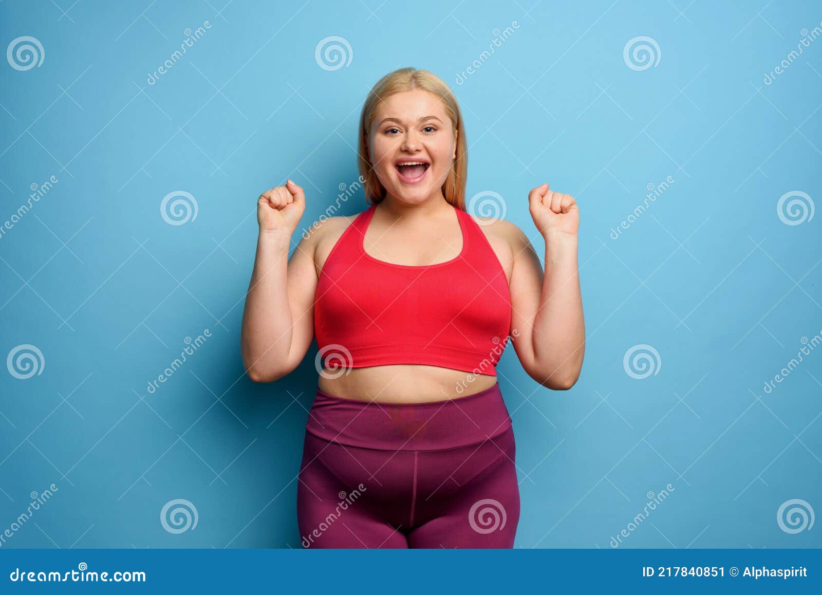 Fat Girl Does Gym at Home. Satisfied and Successfully Expression. Cyan ...