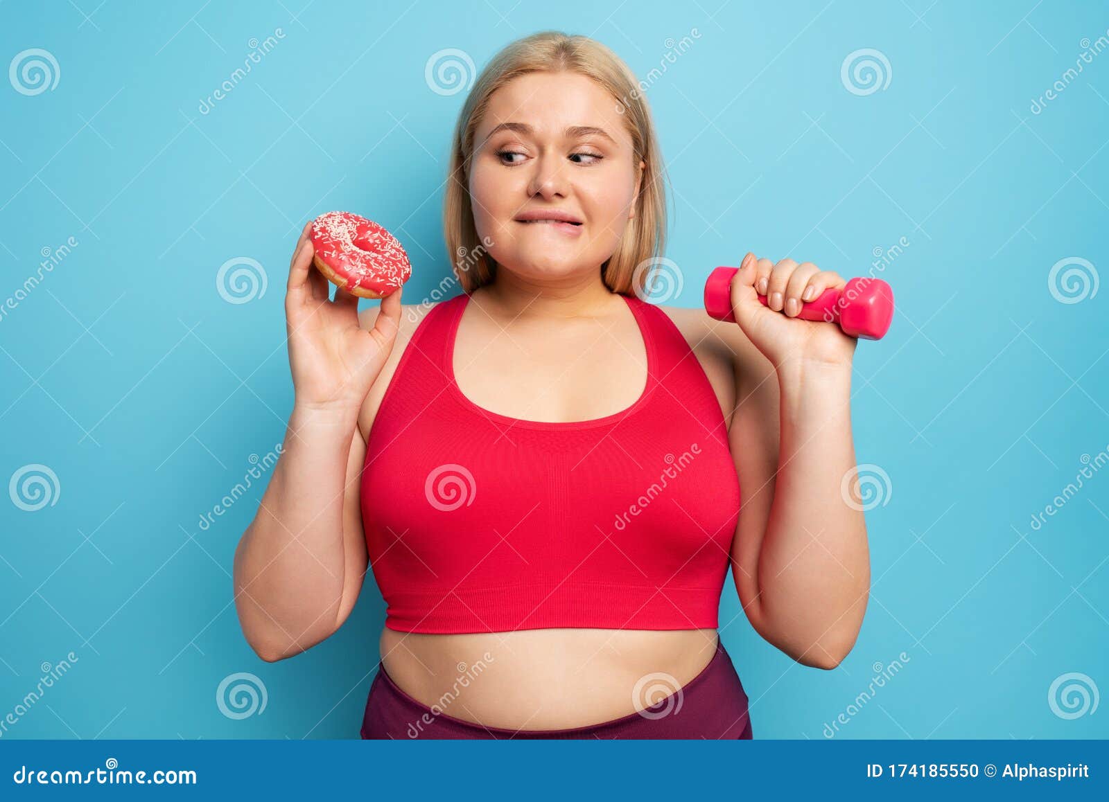 Fat Girl Thinks To Eat Donuts instead of Does Gym. Concept of ...