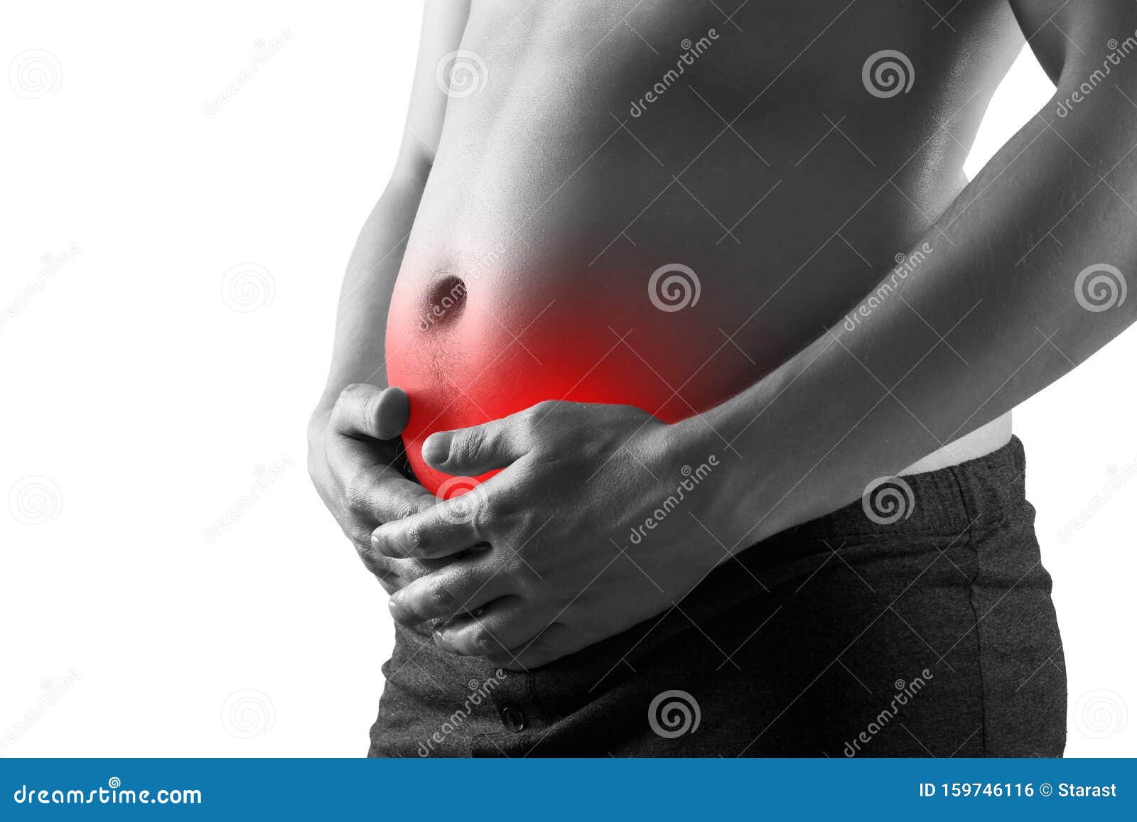 fat man with bloating and abdominal pain, overweight male body  on white background
