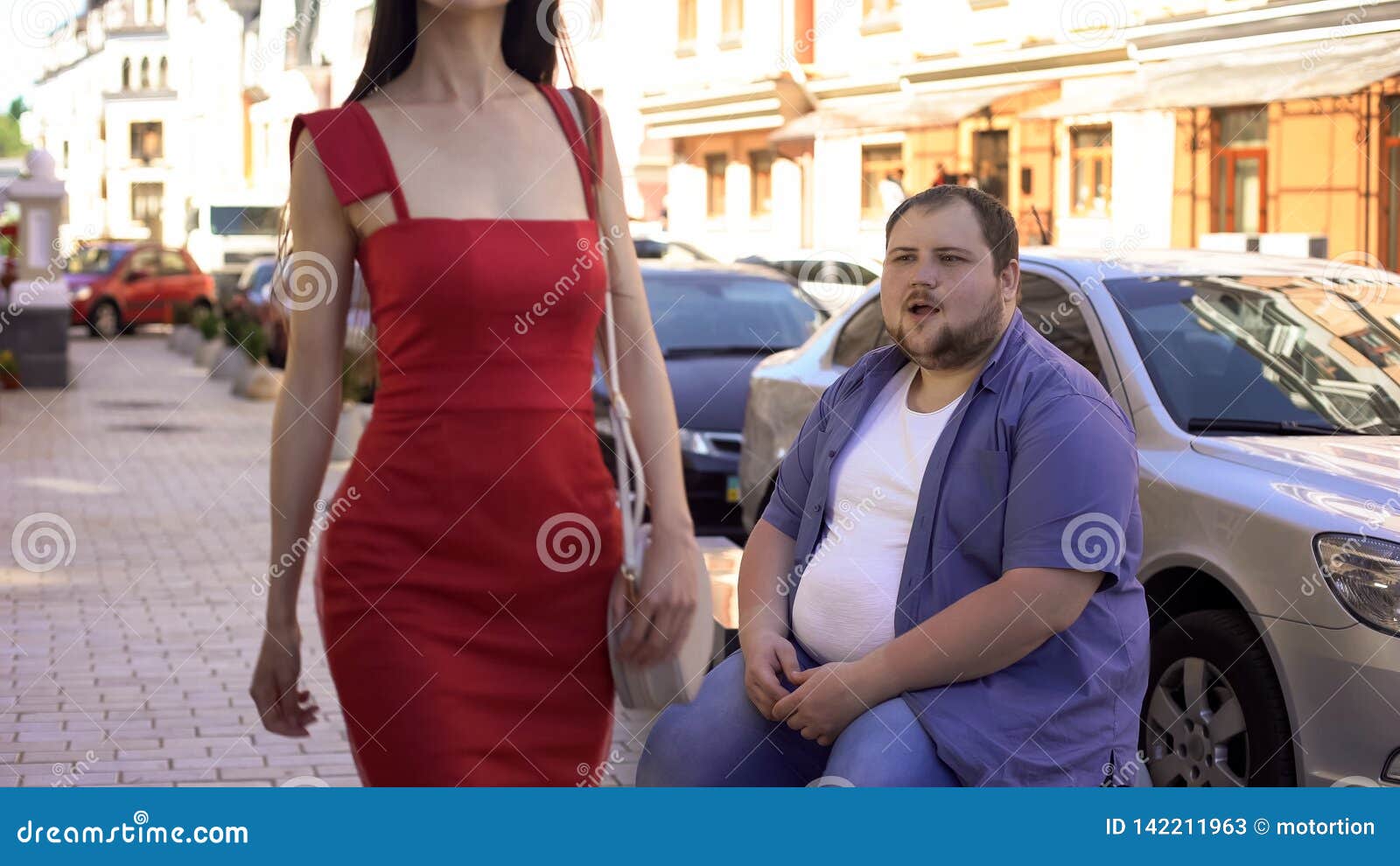 Fat men looking with delight at beautiful slim lady in red dress passing by...