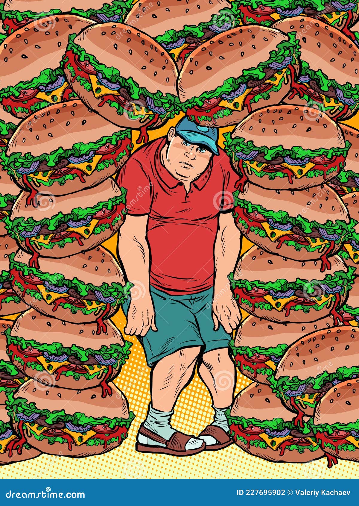 fat man and lots of burgers. food addiction, health and excess weight