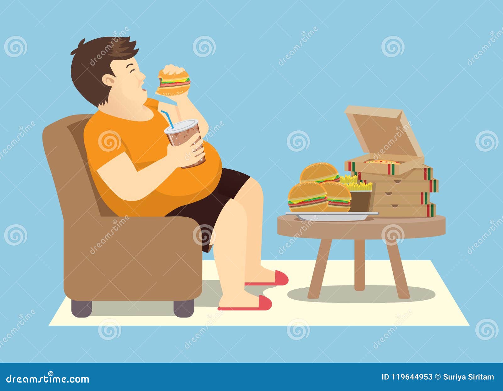 fat man overeating with many fast food on the table.