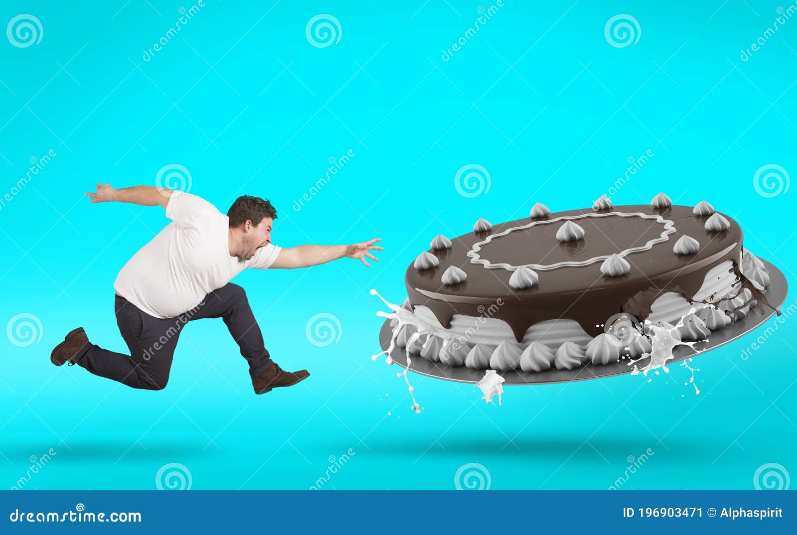 Fat Man Runs Fast To Eat a Big Cake Stock Image Image of body