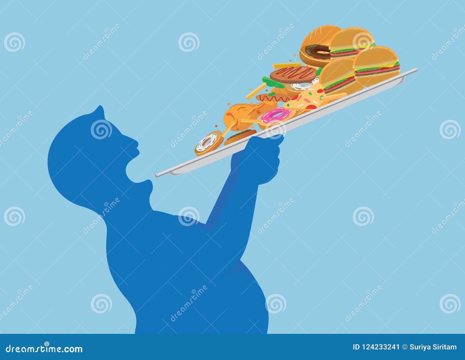 fat man try to devour all junk food in one time with lifting a tray.