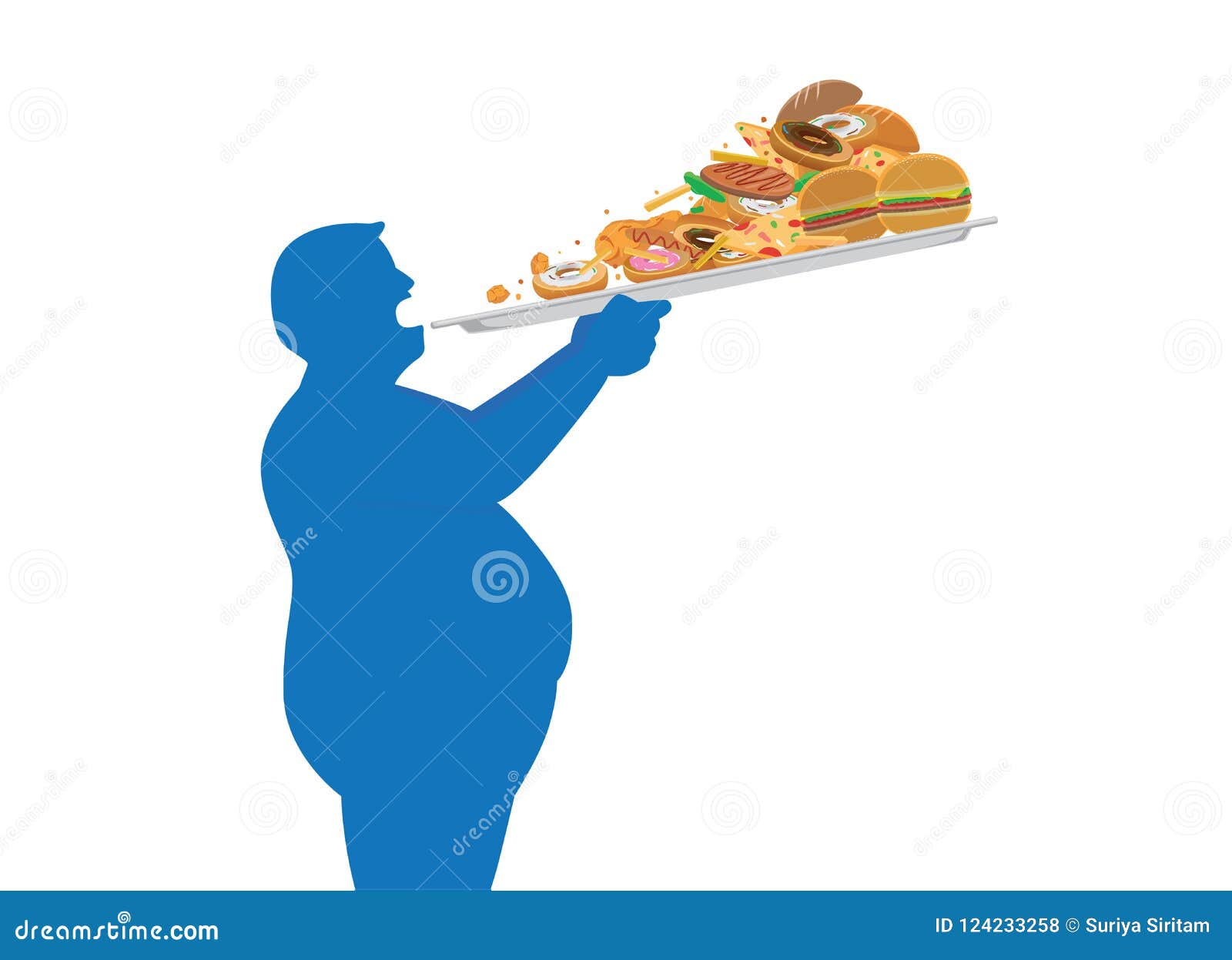 fat man try to devour a lot of junk food in one time with lifting a tray.