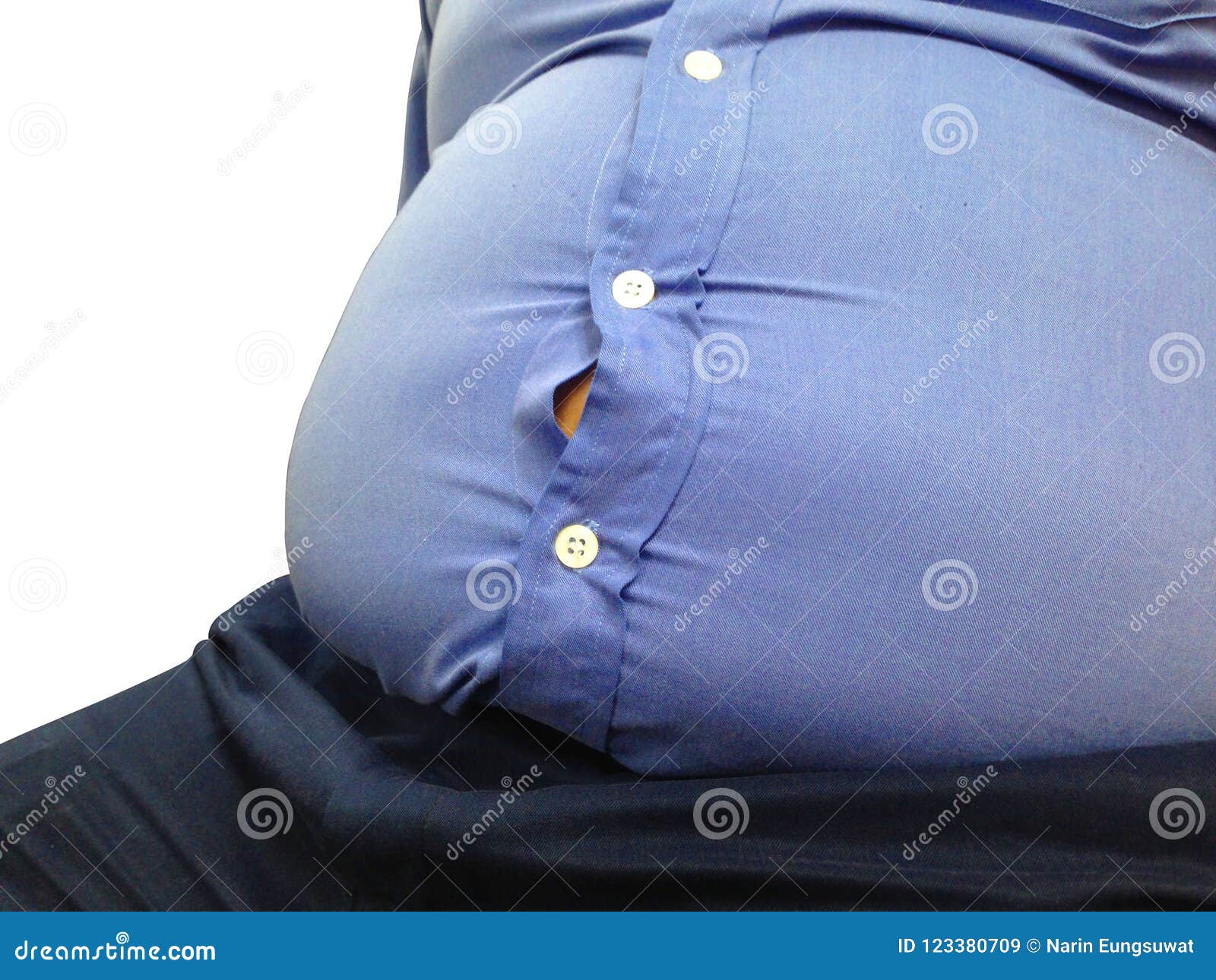 fat man wear tight blue shirt on white background. fat man get paunchy.