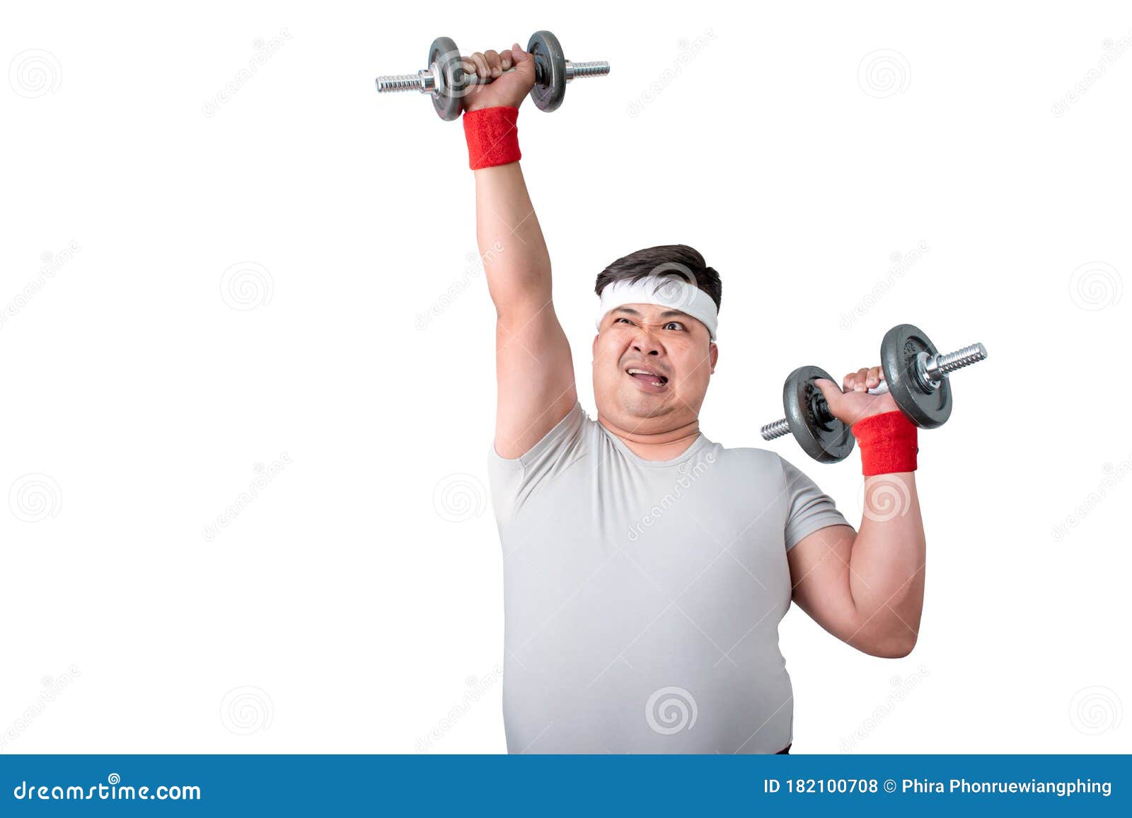 Fat Men Exercise by Lifting Dumbbells on a White Background Stock Photo
