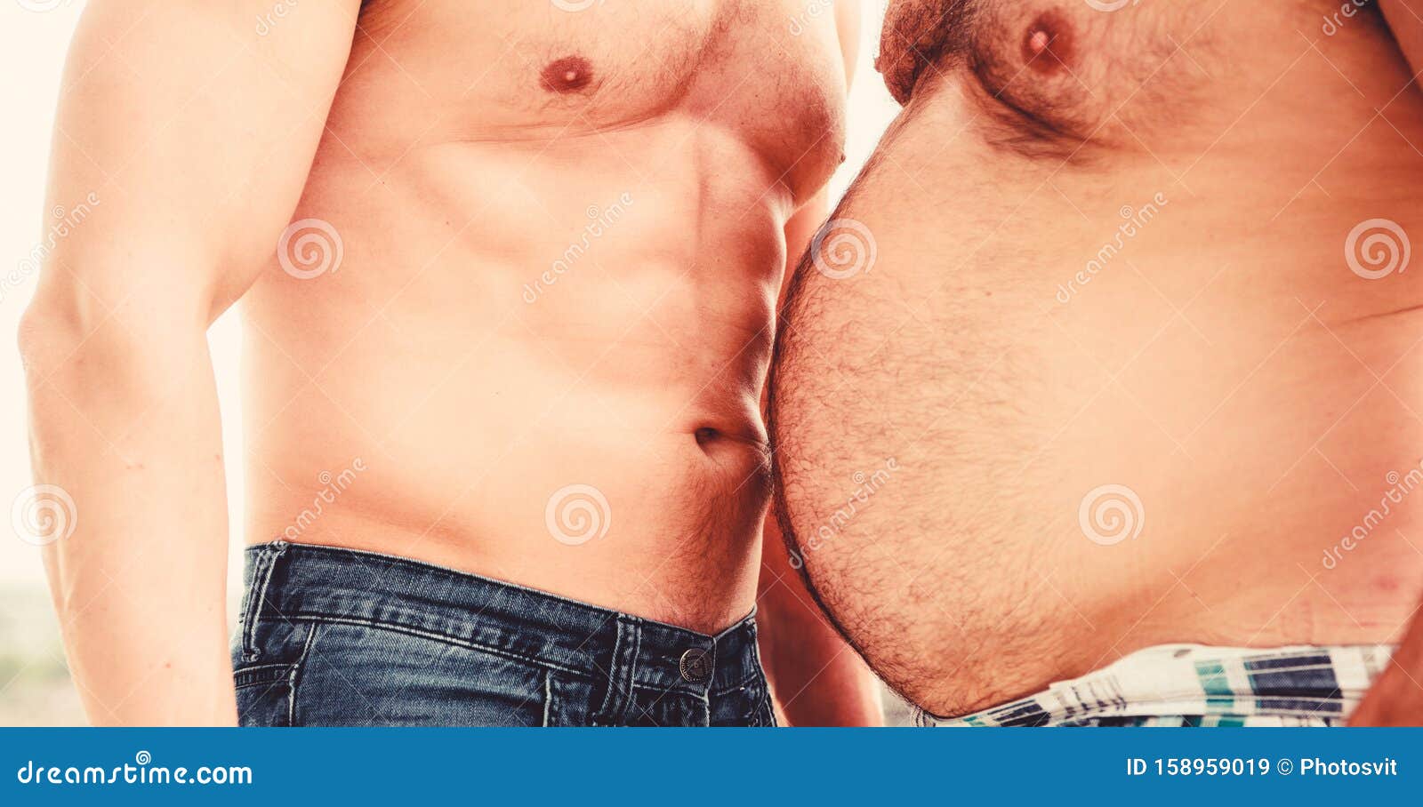 fat and slim. paunchy and slim bellies. bare torso and six packs or abs. muscular and fat. compare body s. perfect