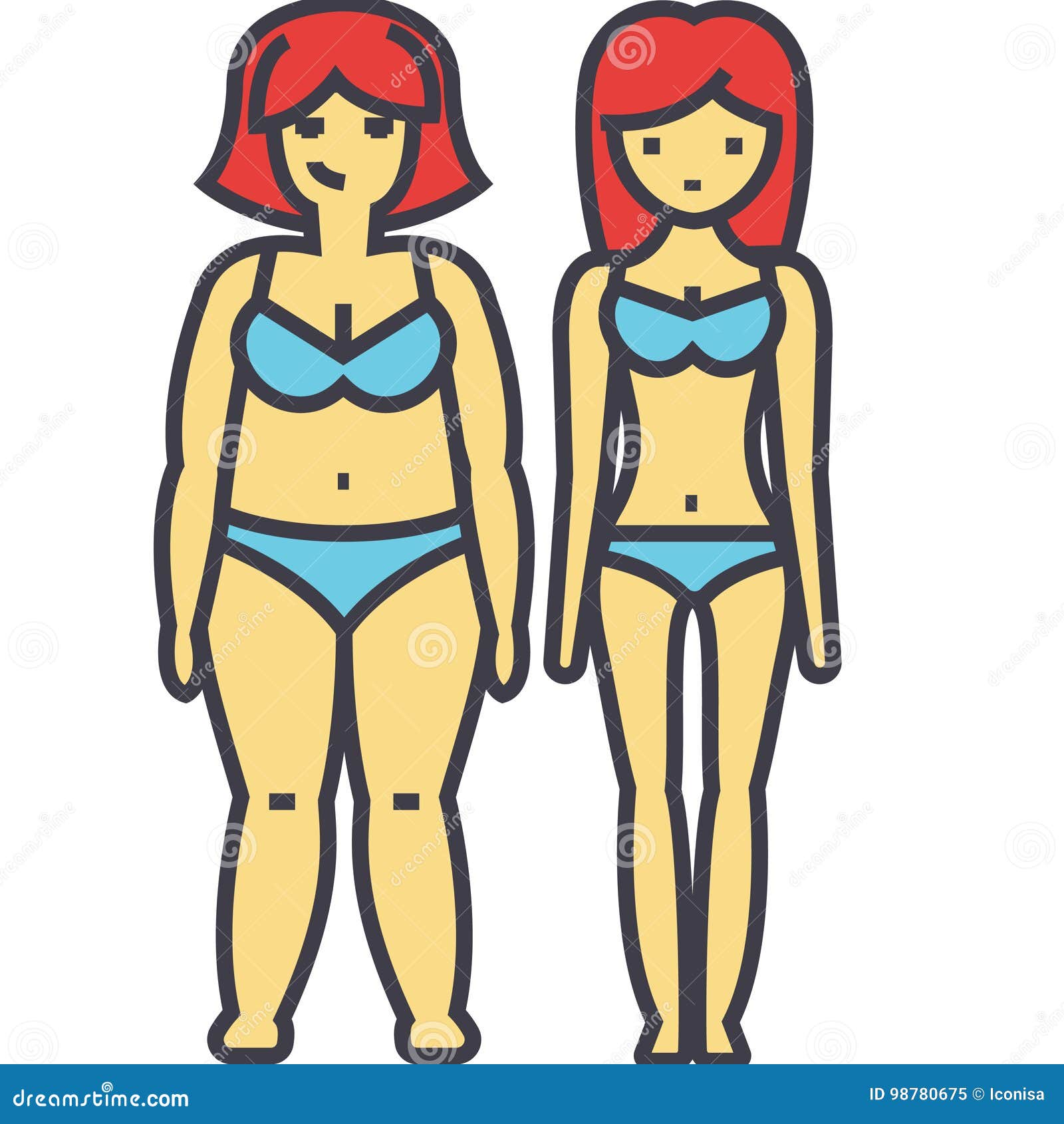 Fat and Slim Woman, before after Diet or Fitness, Detox Concept. Stock Vector Illustration obesity, size: 98780675