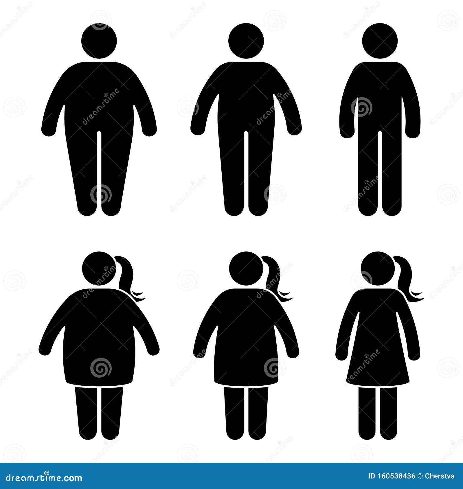 fat stick figure  icon set. obese people couple black and white flat style pictogram