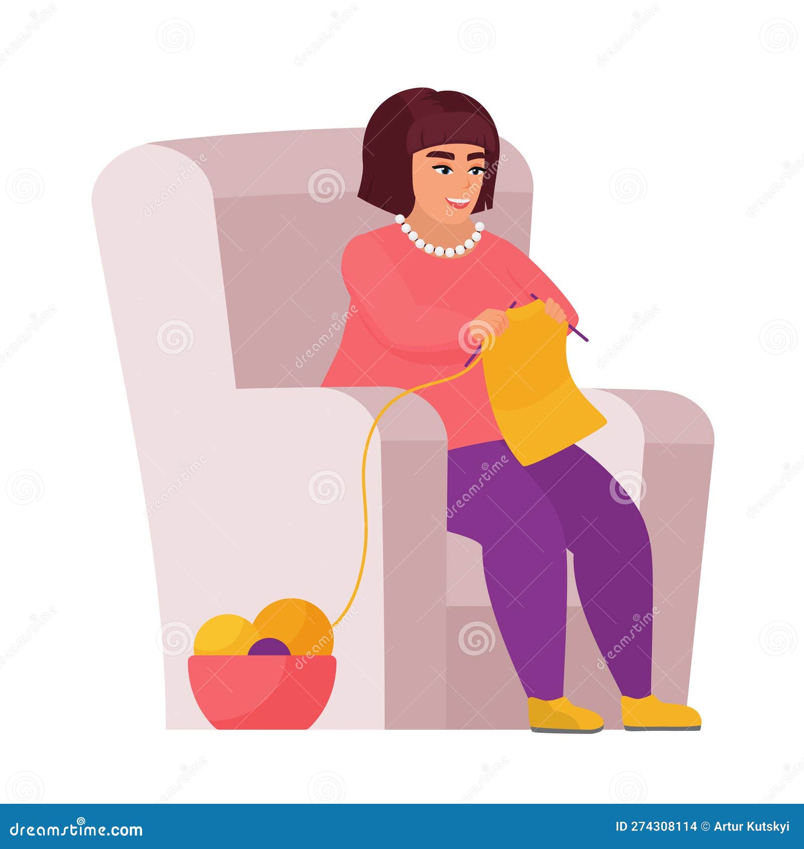 Fat Woman Knitting in Armchair Stock Vector - Illustration of unhealthy ...