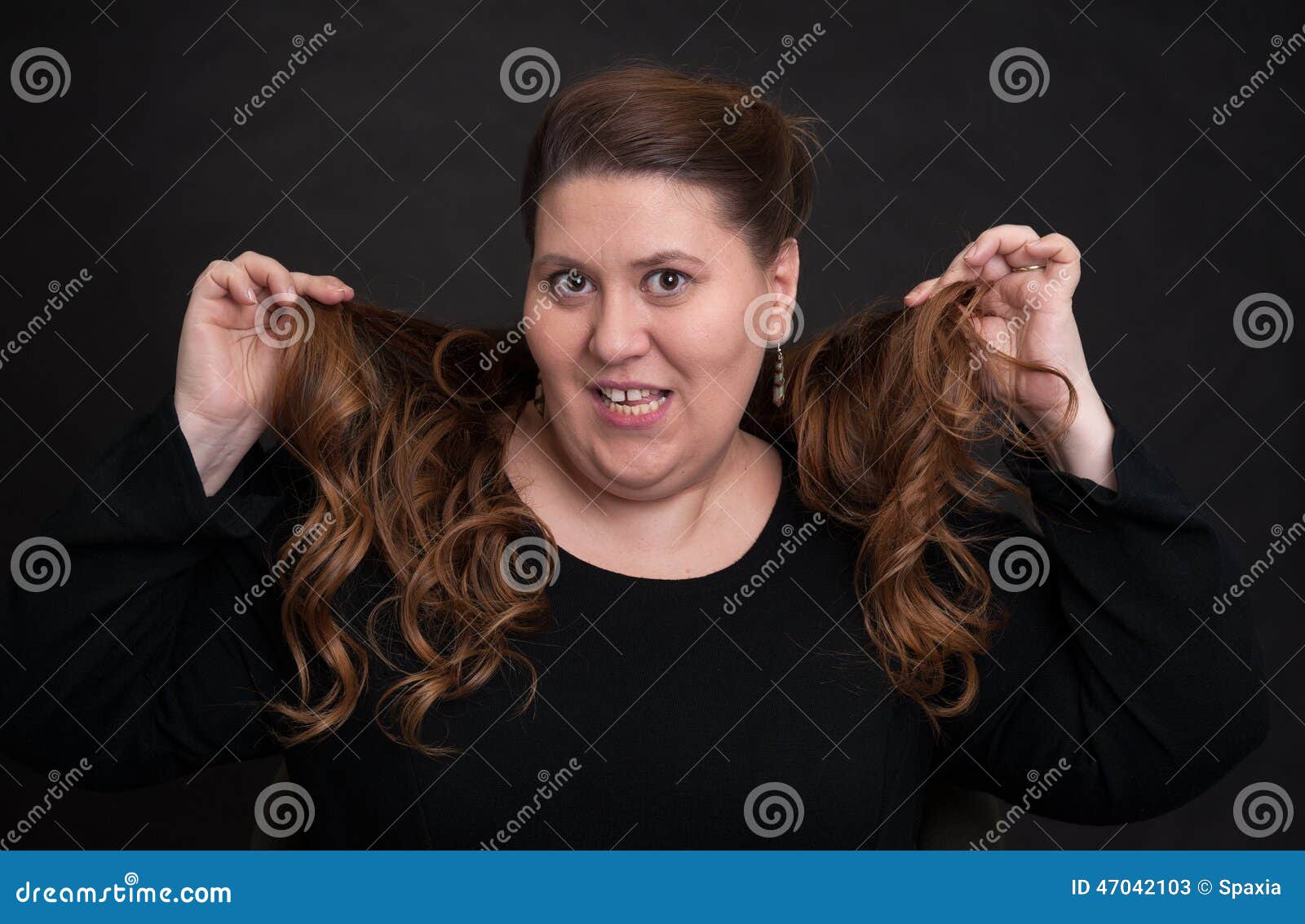 fat woman with long curly hair stock image - image of hair