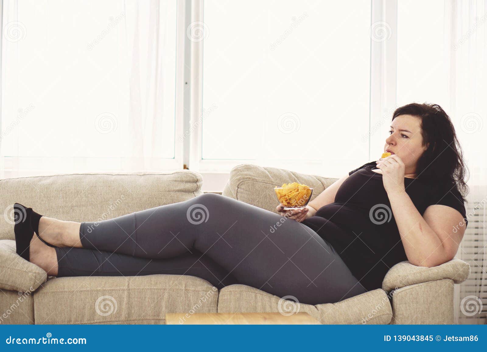 Fat Woman Overeating Junk Food Sedentariness Stock Ima