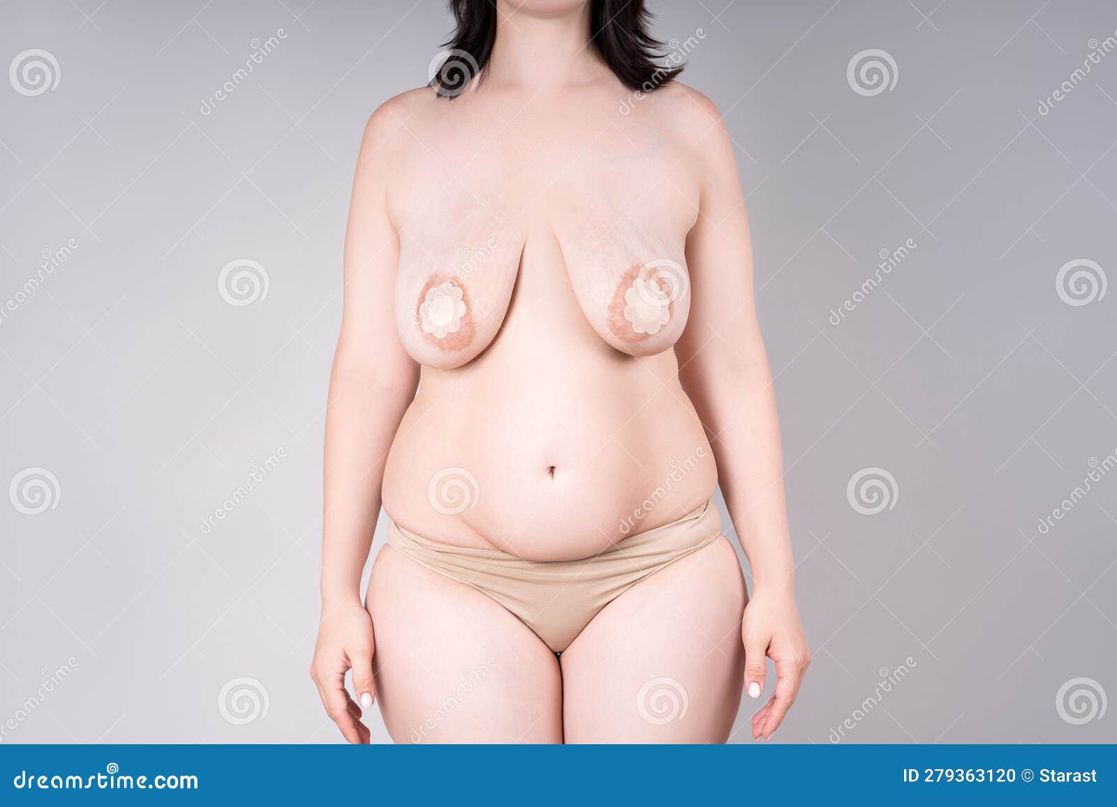 Fat Woman with Saggy Breasts, Obese Female Body, Plastic Surgery and  Aesthetic Medicine Concept on Grey Background Stock Photo - Image of curvy,  mammoplasty: 279363120
