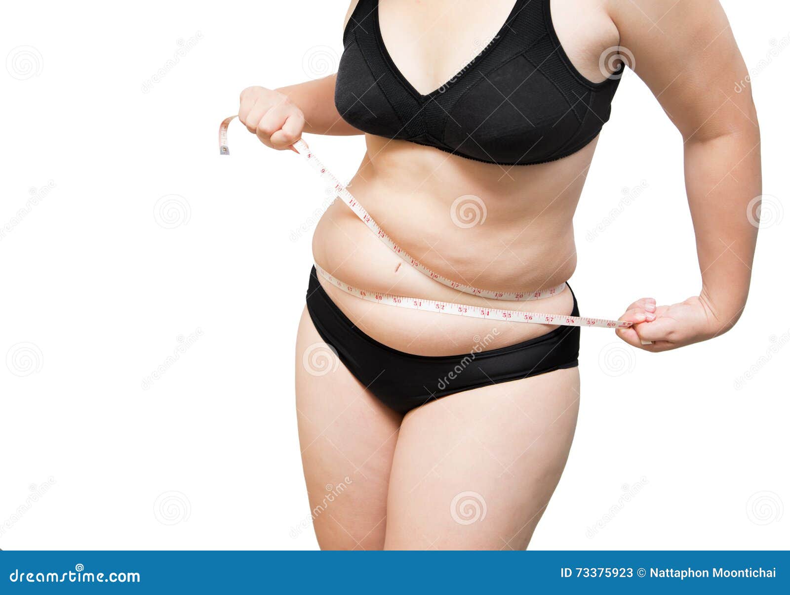Fat Woman Show Squeeze Tighten Body Fat by Measure Tape Overweight