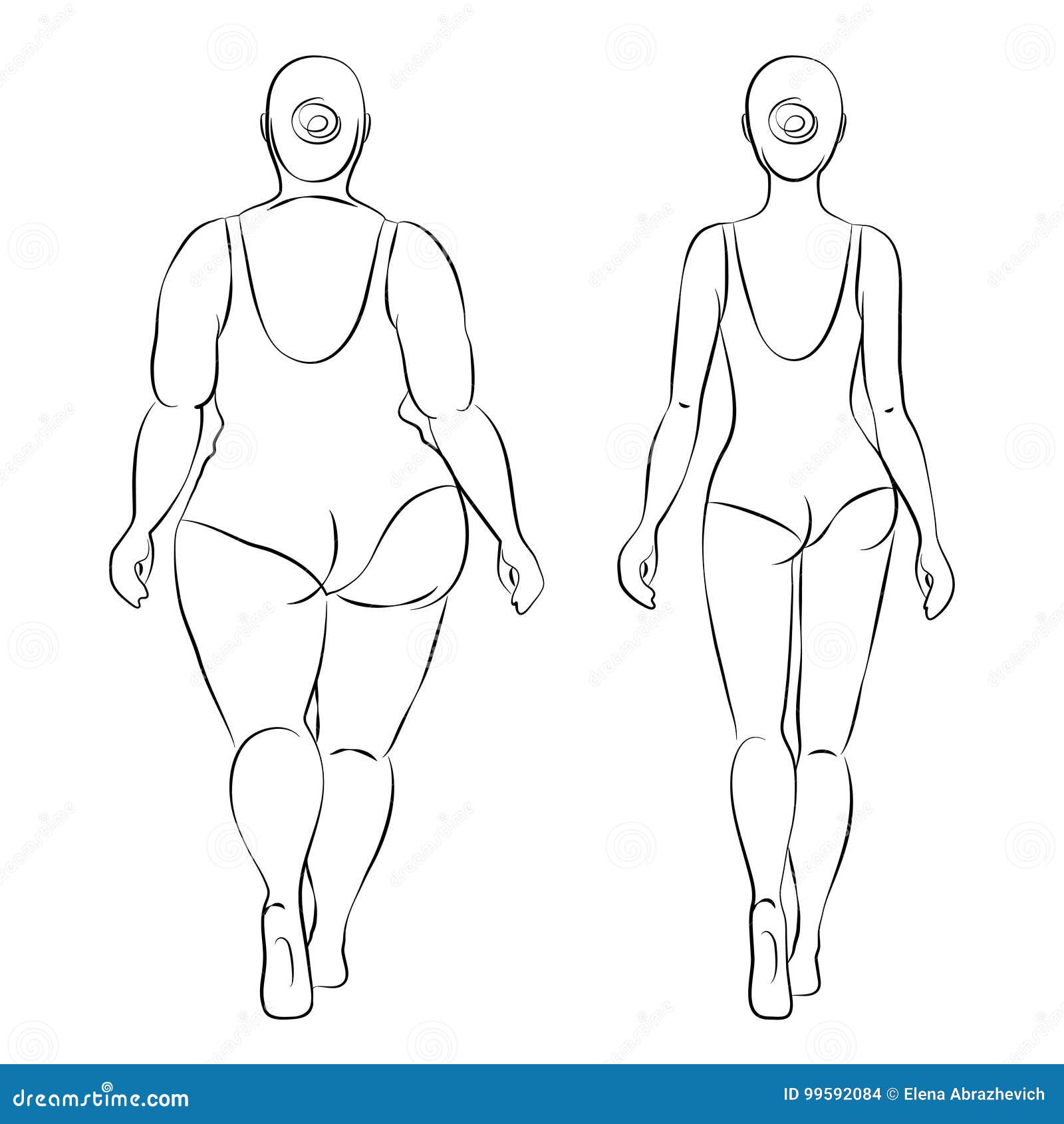 Fat woman and slender woman dressed in swimsuits. Back view. Outline... |  Outline drawings, Line art drawings, Art reference poses