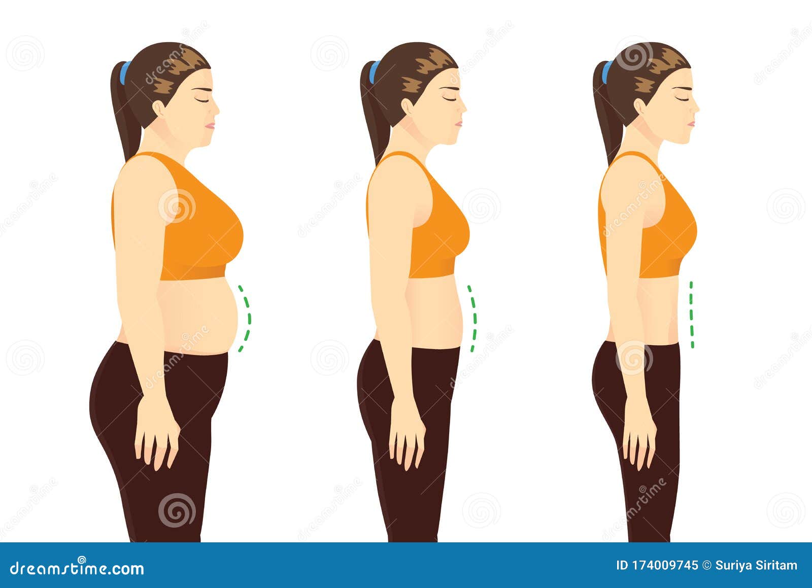 fat woman in sportswear to get a flatter belly in 3 step.