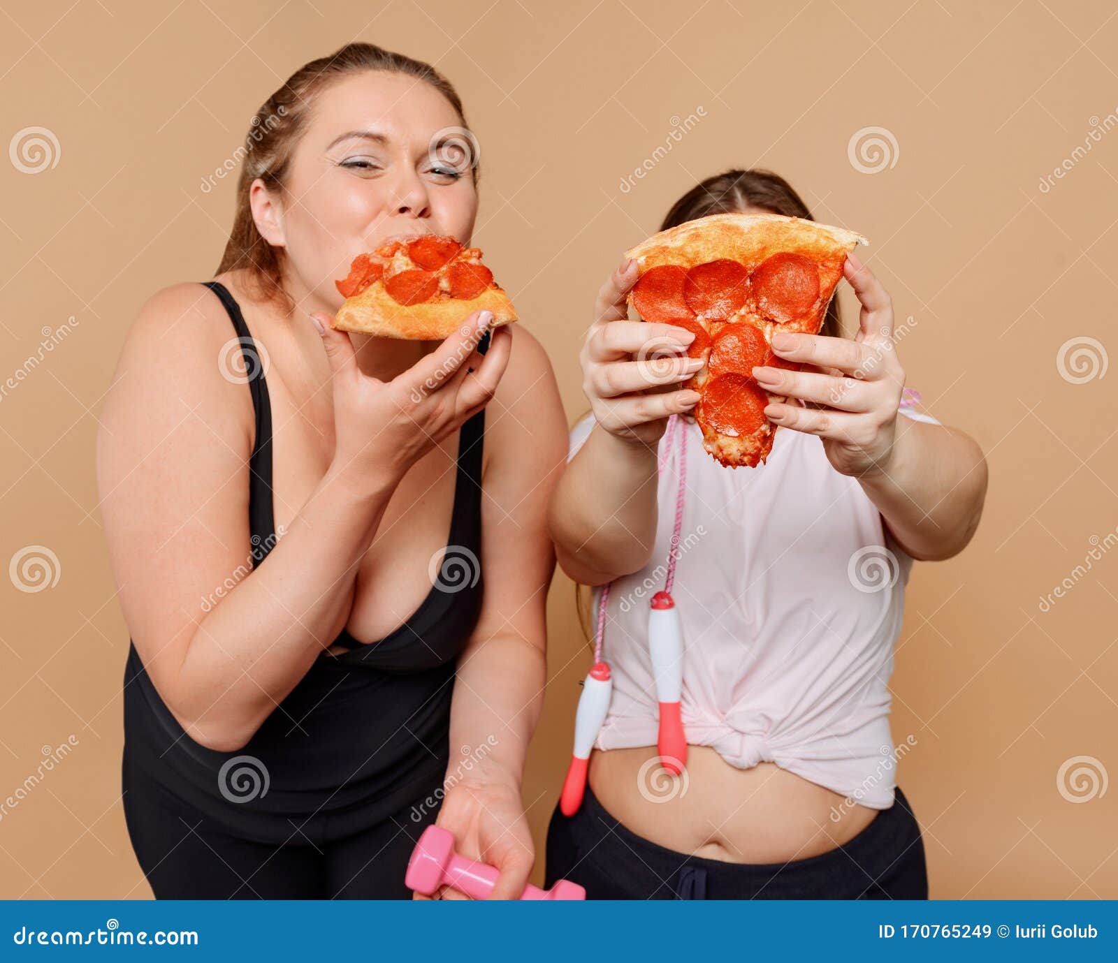 Fat Women Gorging Pizza And Failing Their Diet Stock Image