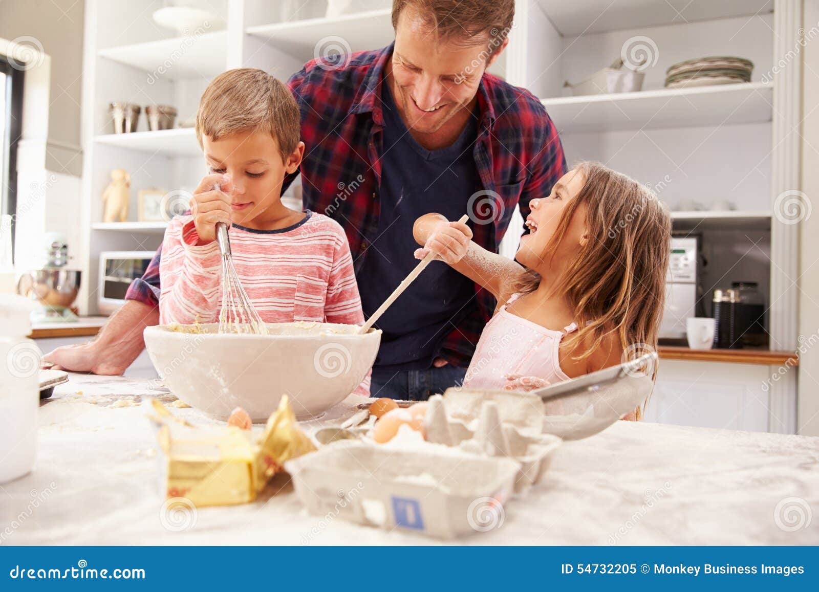 Father baking with children