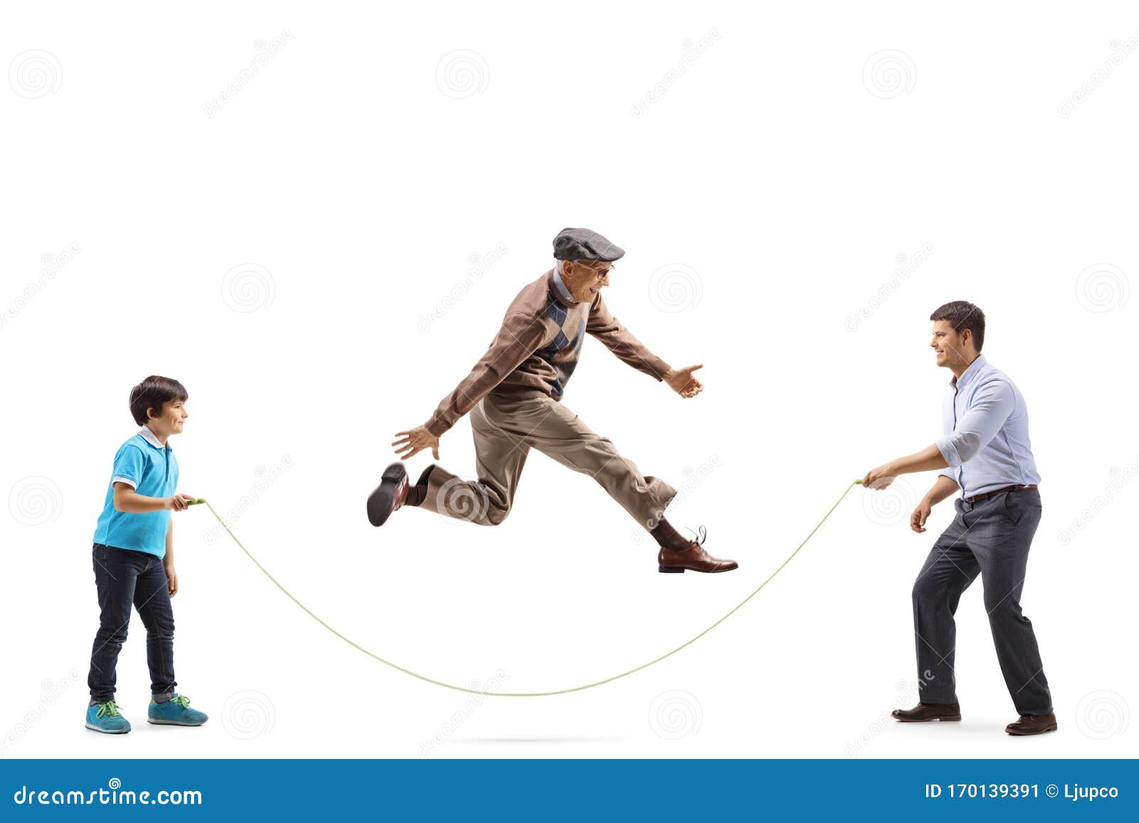 Father and Boy Holding a Rope and a Grandfather Skipping Stock Image