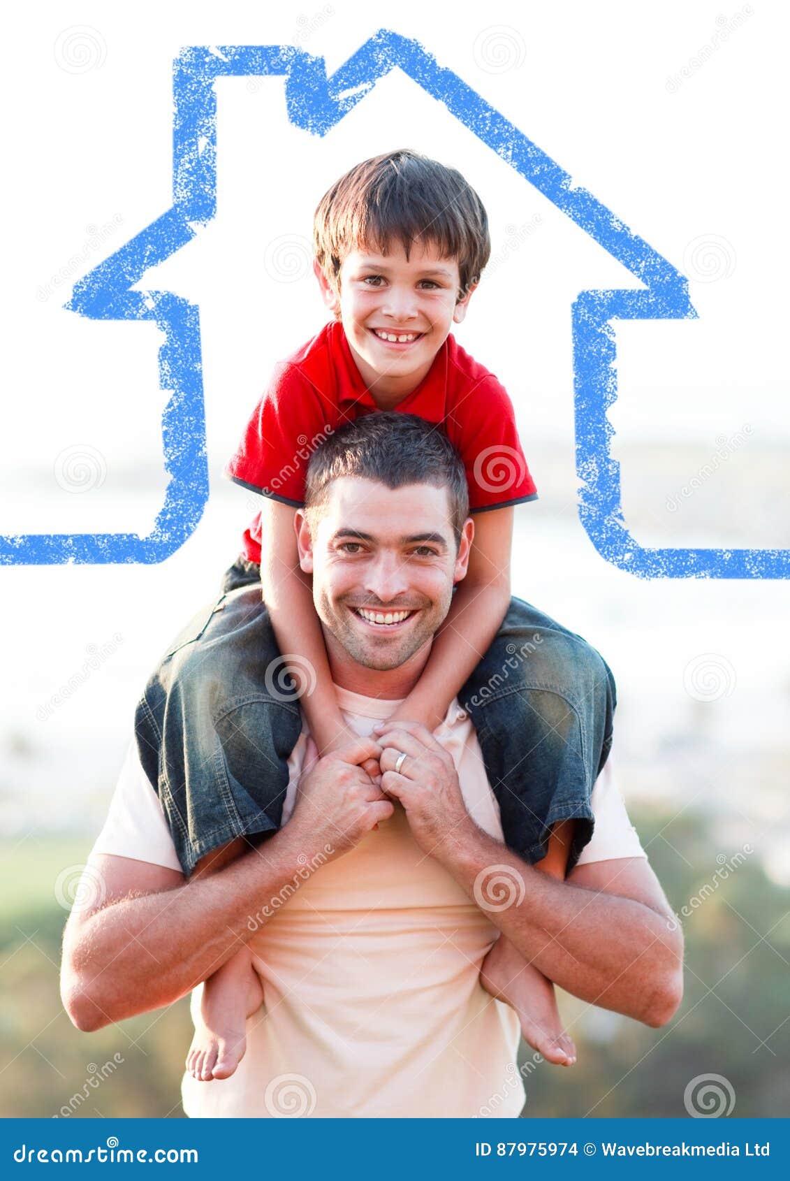 father carrying son on his shoulders overlaid with house 